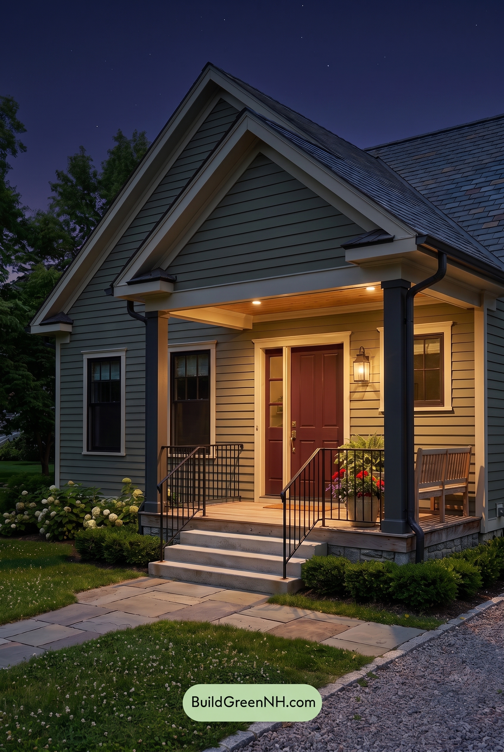 Green Farmhouse Exterior Color Scheme: Caper Graphite Porch - Nighttime