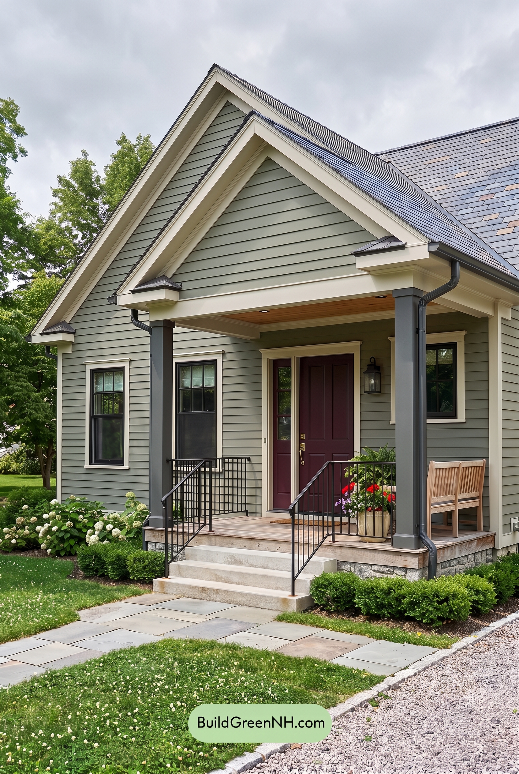 Green Farmhouse Exterior Color Scheme: Caper Graphite Porch - Overcast