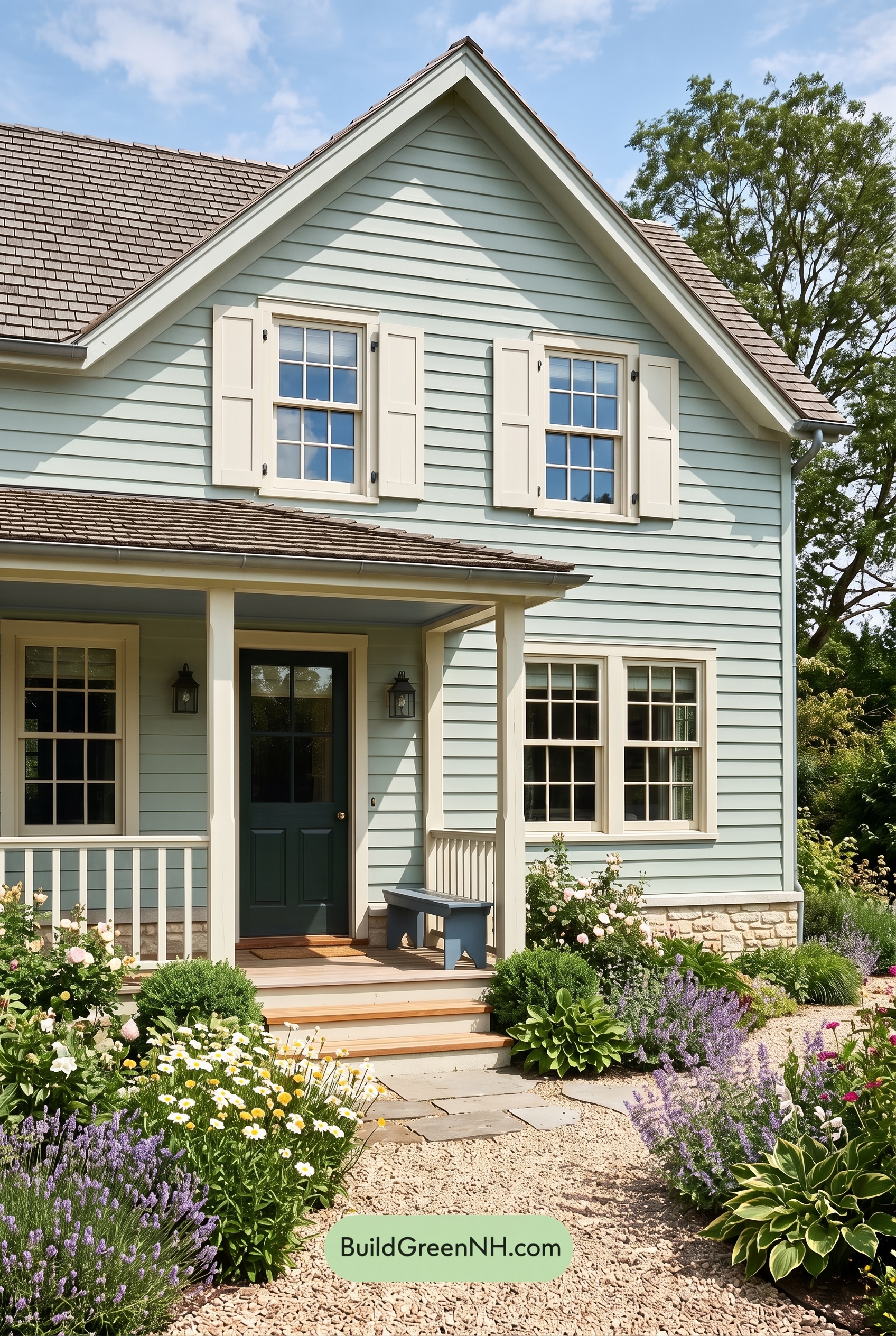 Green Farmhouse Exterior Color Scheme: Celadon Ivory Calm
