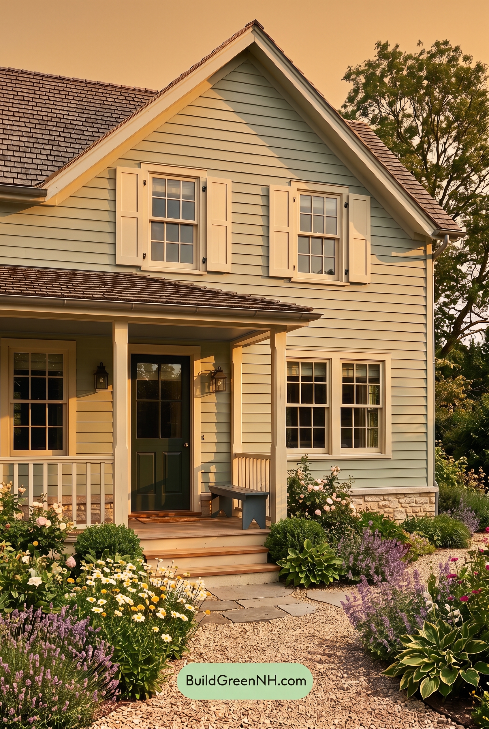Green Farmhouse Exterior Color Scheme: Celadon Ivory Calm - Golden Hour