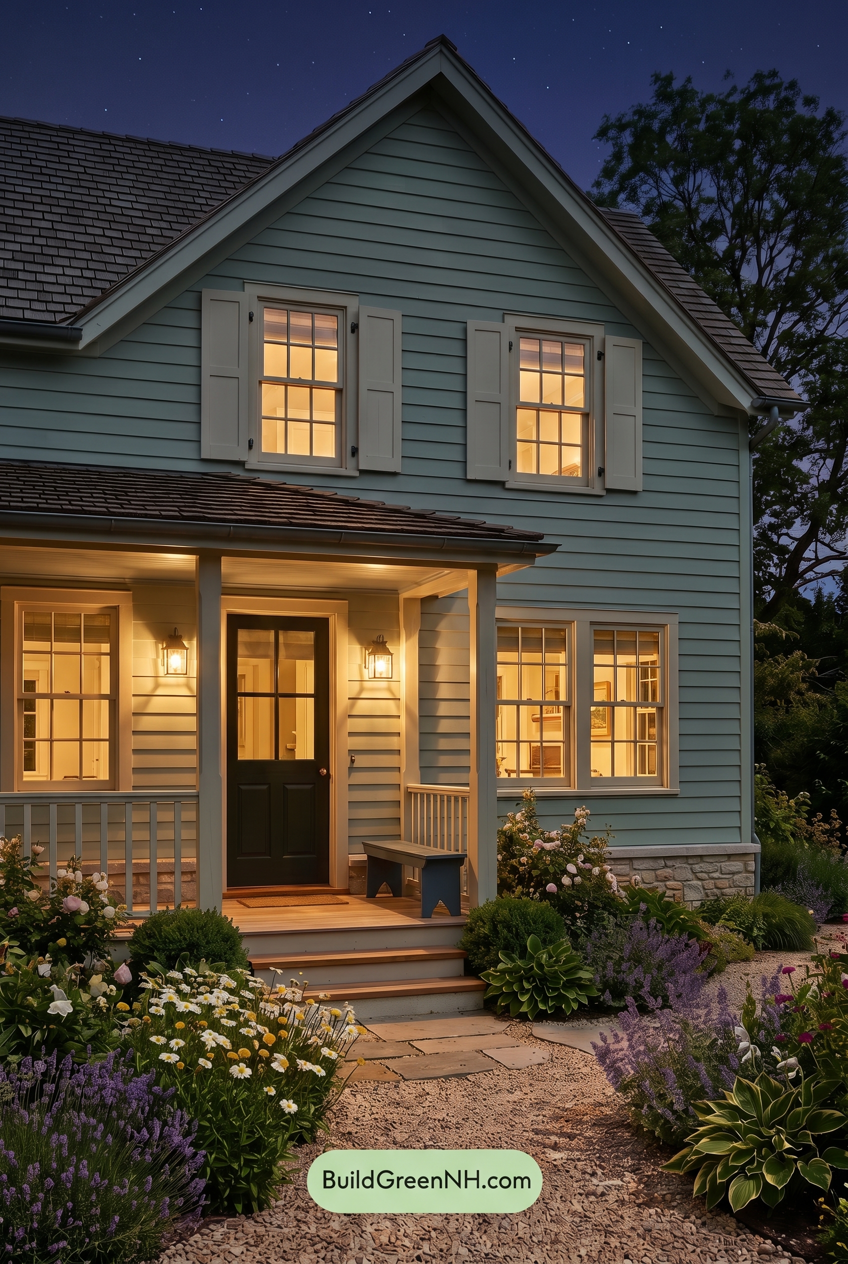 Green Farmhouse Exterior Color Scheme: Celadon Ivory Calm - Nighttime