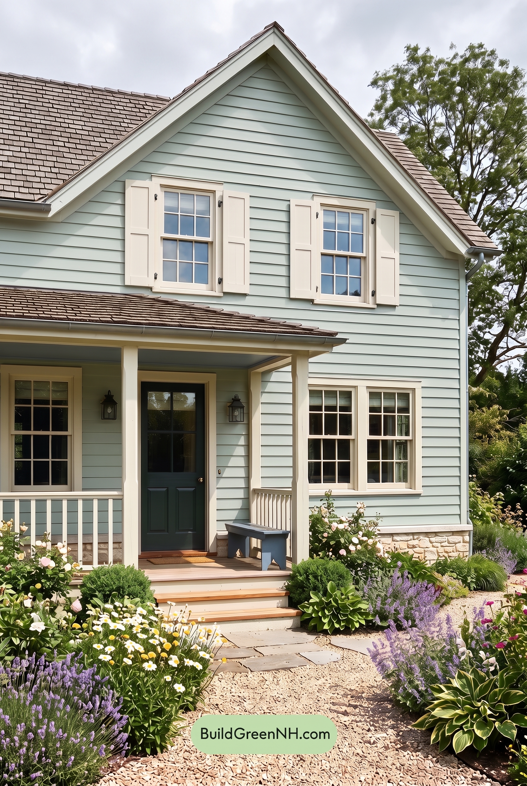 Green Farmhouse Exterior Color Scheme: Celadon Ivory Calm - Overcast