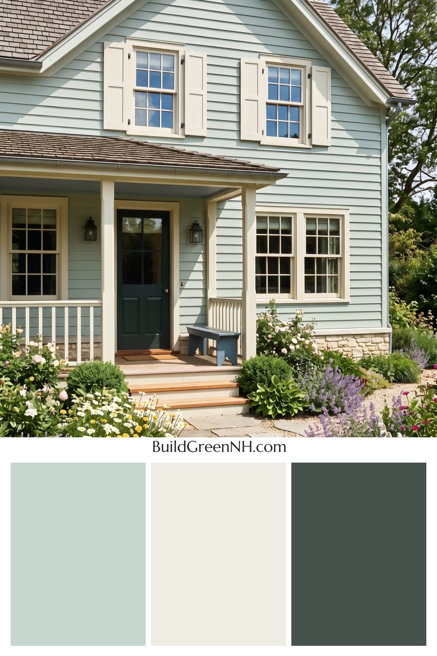 Green Farmhouse Exterior Color Scheme: Celadon Ivory Calm