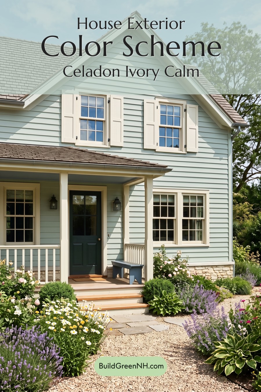 Green Farmhouse Exterior Color Scheme: Celadon Ivory Calm