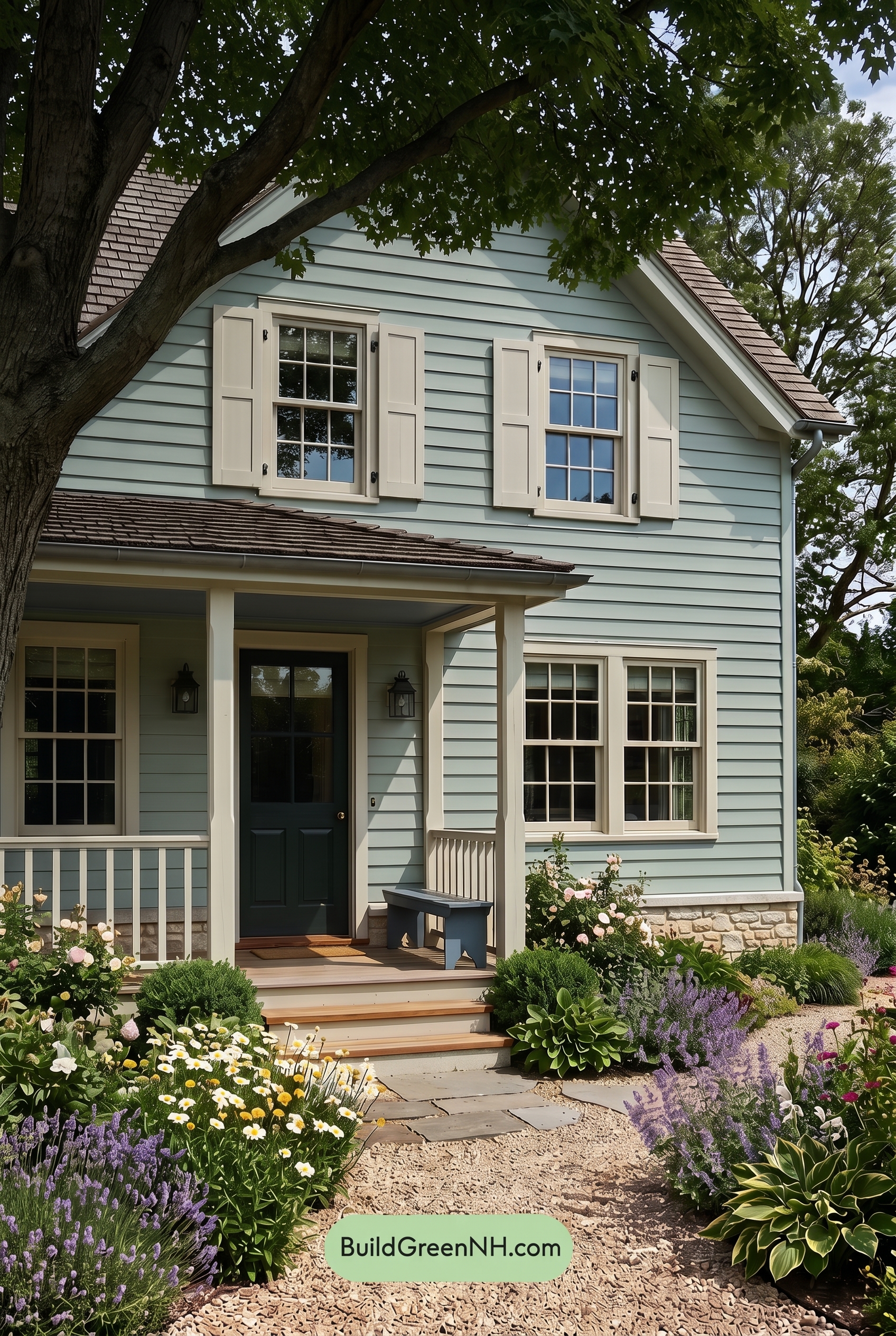 Green Farmhouse Exterior Color Scheme: Celadon Ivory Calm - Shade