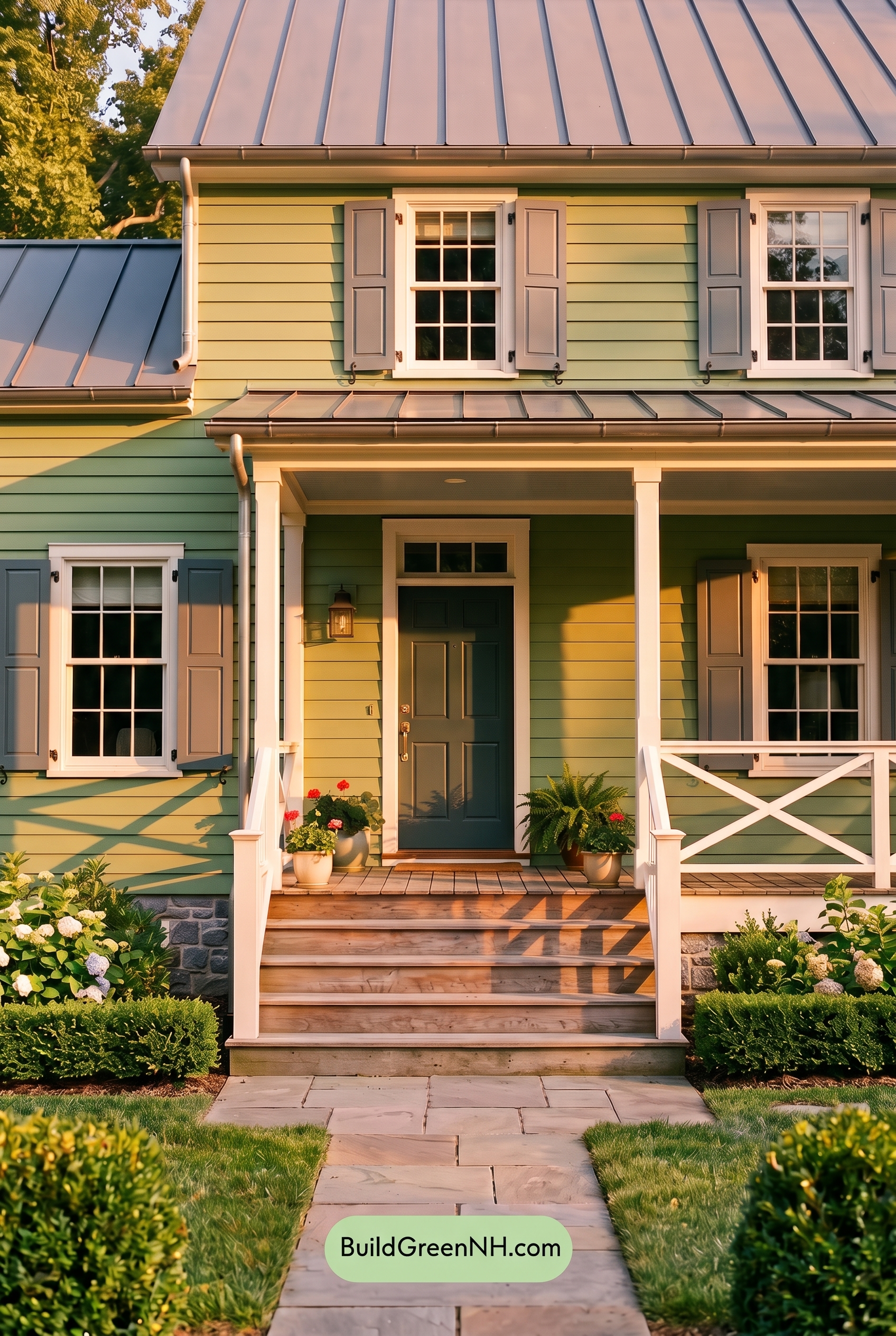 Green Farmhouse Exterior Color Scheme: Fern White Hearth - Golden Hour