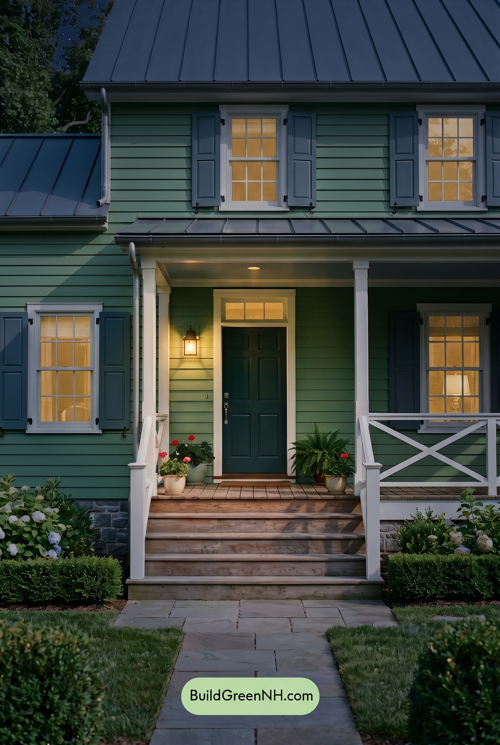Green Farmhouse Exterior Color Scheme: Fern White Hearth - Nighttime