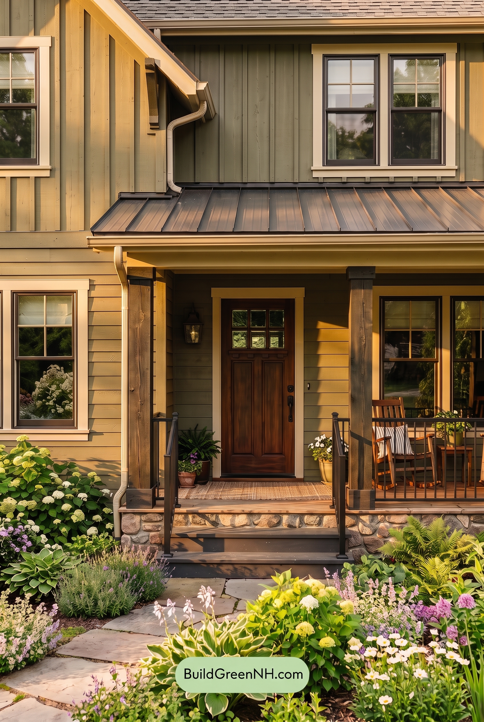 Green Farmhouse Exterior Color Scheme: Herbal Blackened Brass - Golden Hour