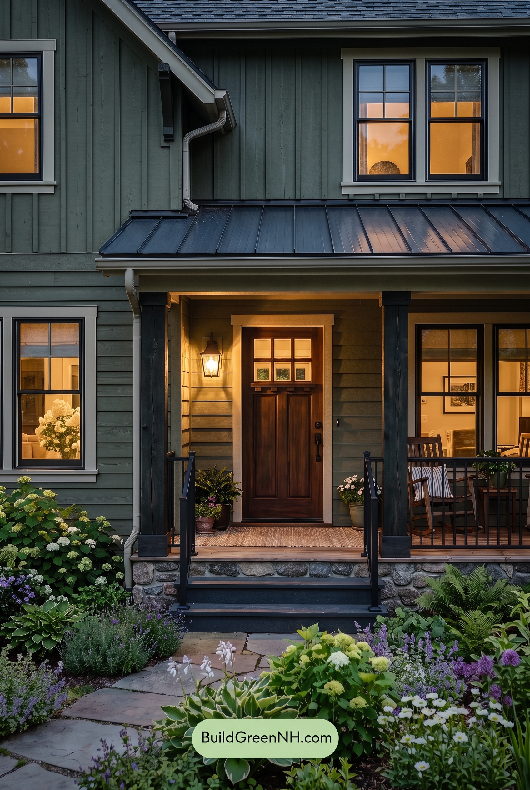 Green Farmhouse Exterior Color Scheme: Herbal Blackened Brass - Nighttime