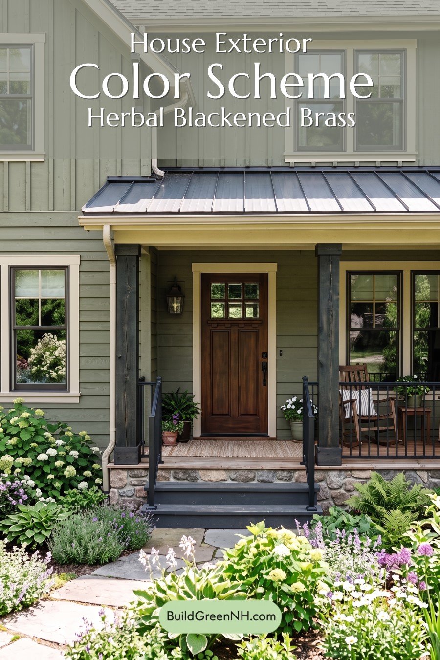 Green Farmhouse Exterior Color Scheme: Herbal Blackened Brass