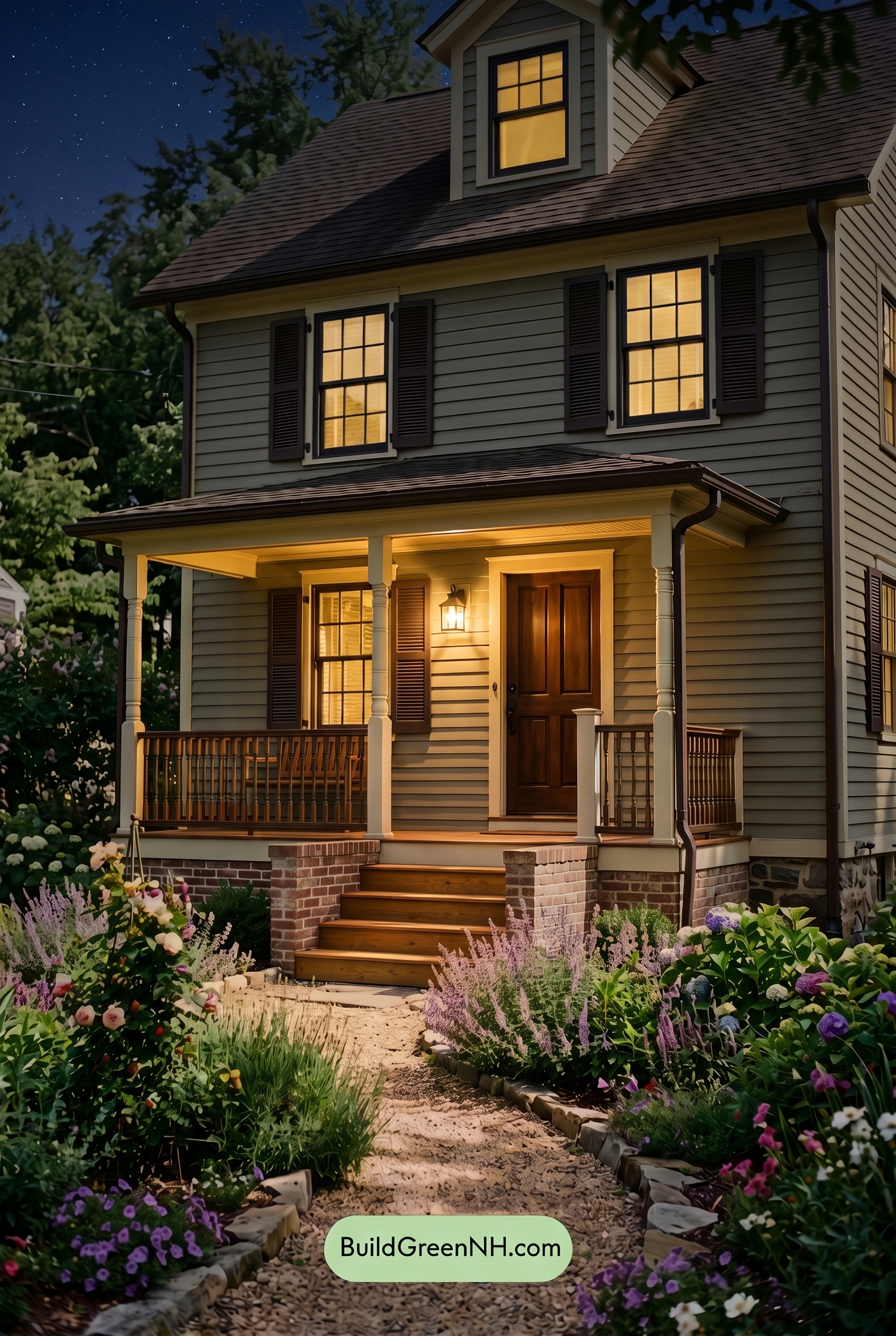 Green Farmhouse Exterior Color Scheme: Laurel Espresso Shade - Nighttime