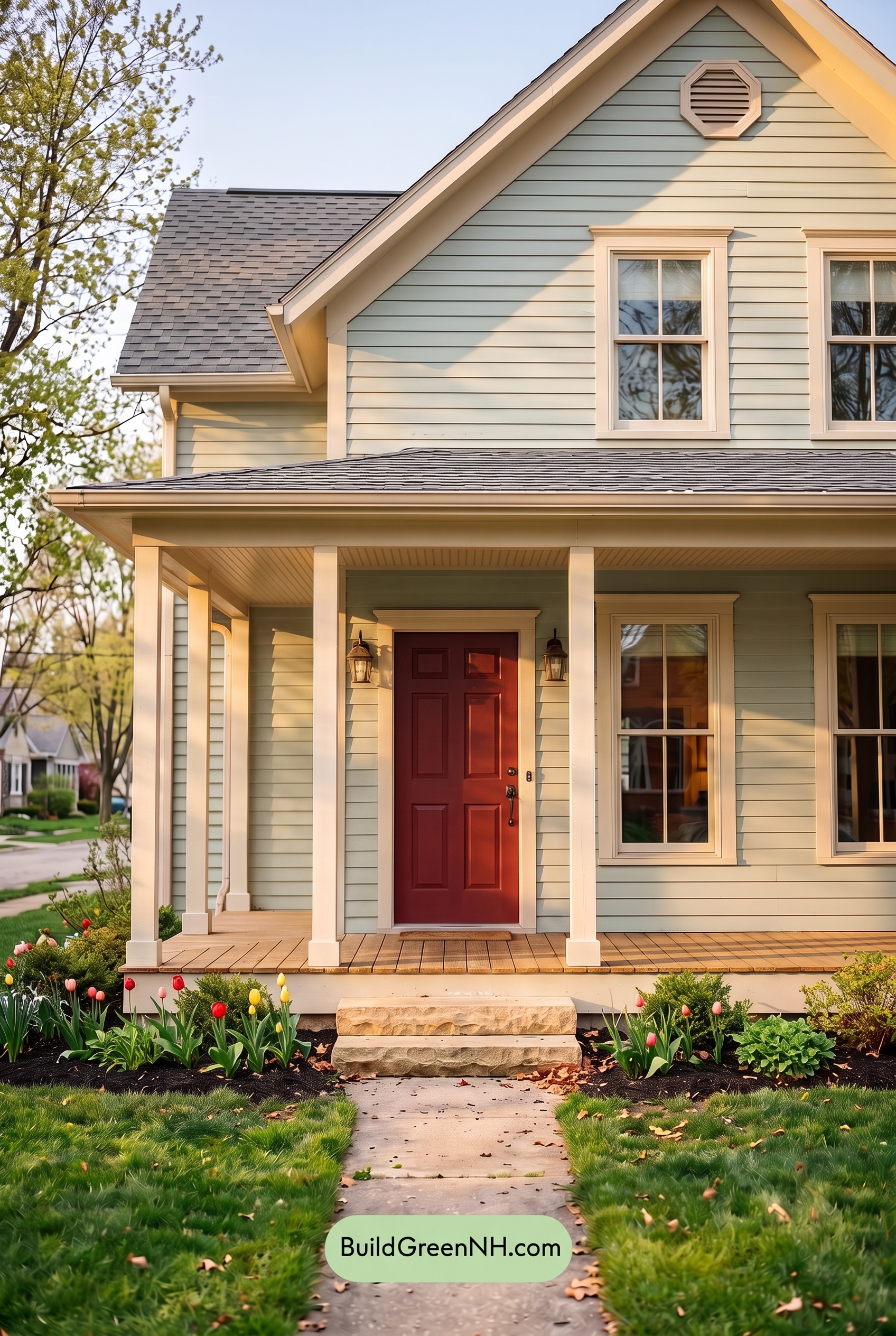 Green Farmhouse Exterior Color Scheme: Mint Cream Welcome - Golden Hour