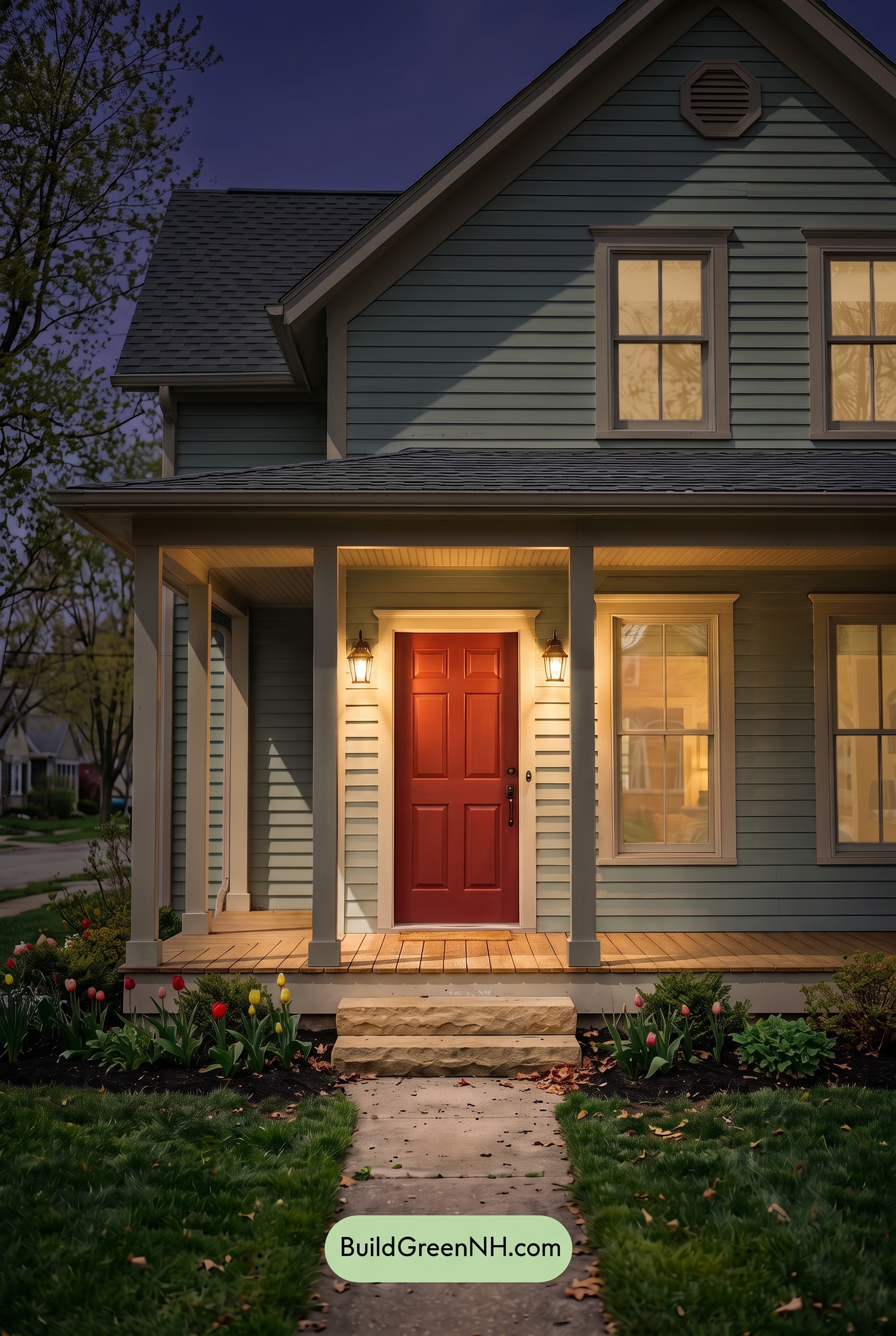 Green Farmhouse Exterior Color Scheme: Mint Cream Welcome - Nighttime