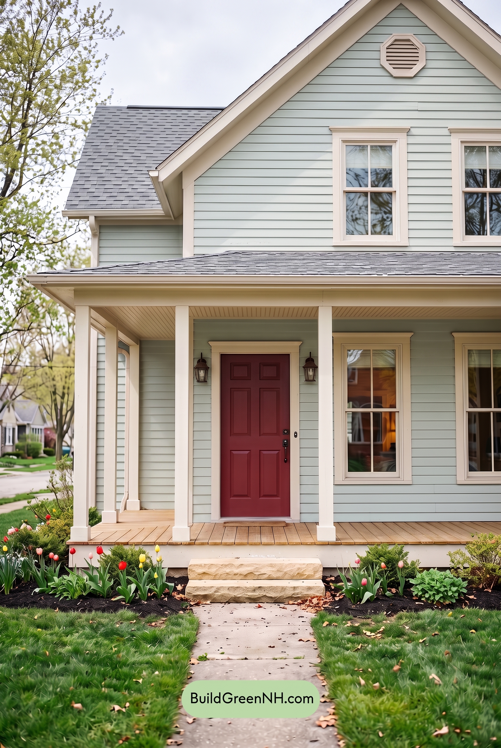 Green Farmhouse Exterior Color Scheme: Mint Cream Welcome - Overcast