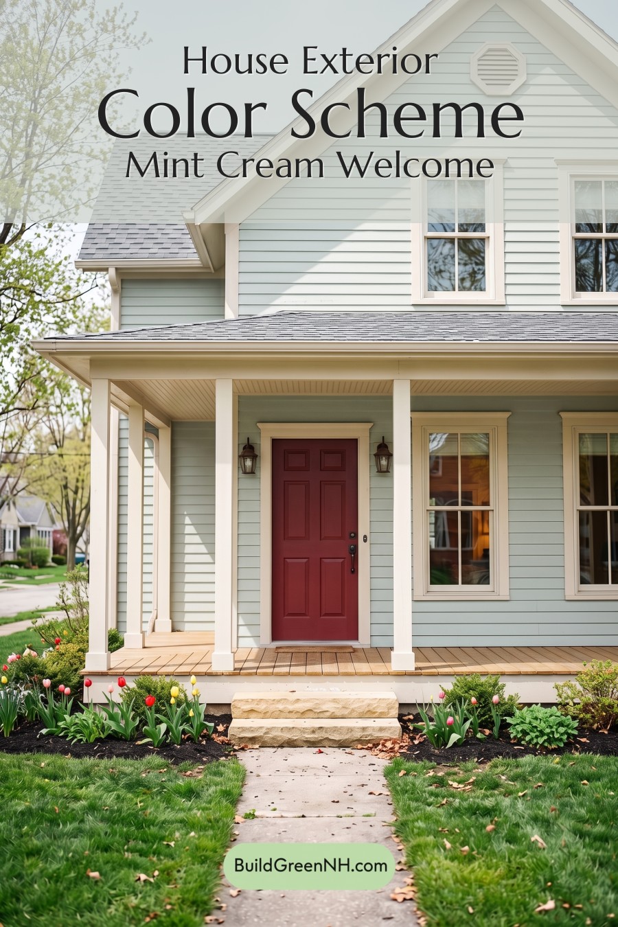 Green Farmhouse Exterior Color Scheme: Mint Cream Welcome