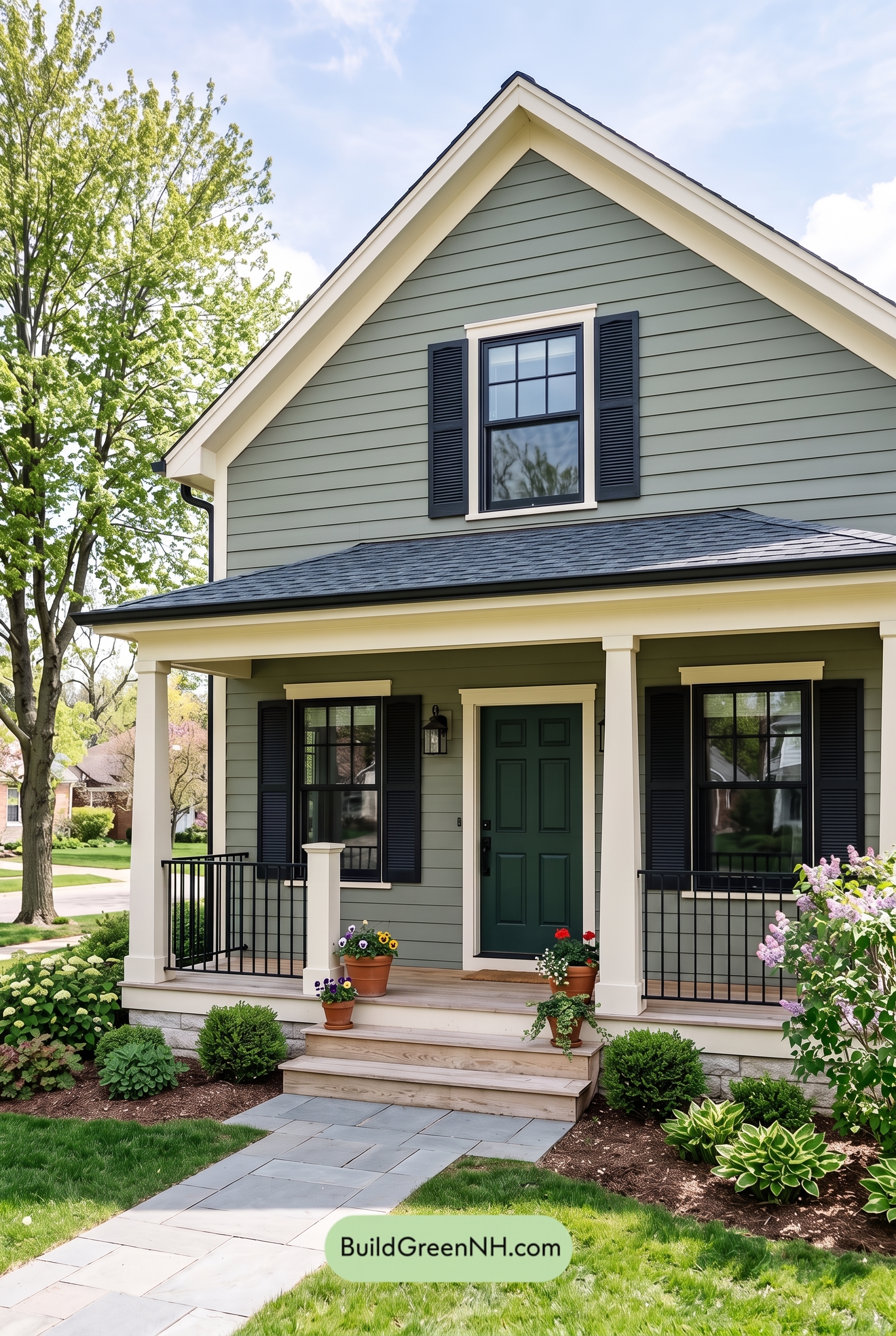 Green Farmhouse Exterior Color Scheme: Moss Charcoal Veranda