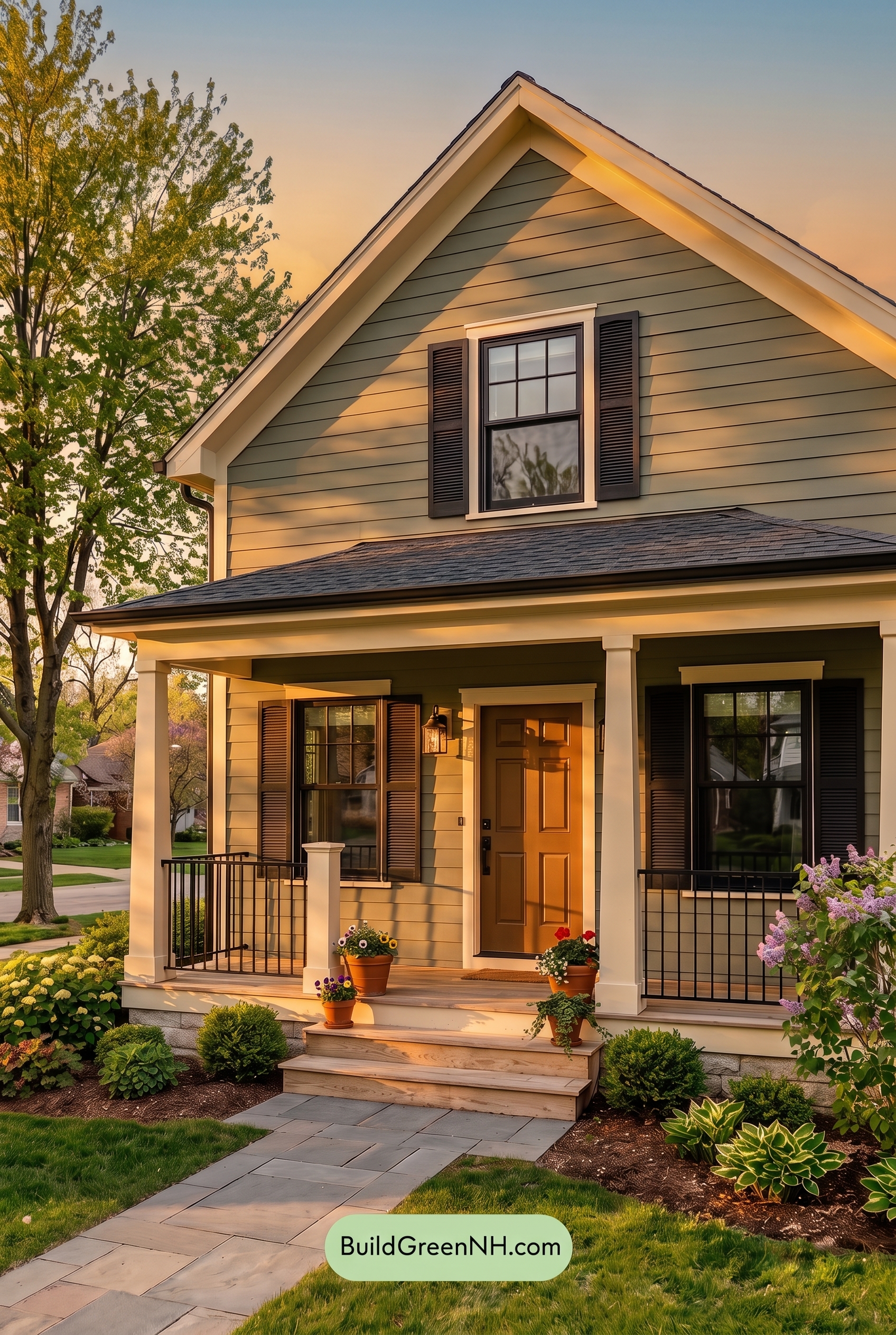 Green Farmhouse Exterior Color Scheme: Moss Charcoal Veranda - Golden Hour