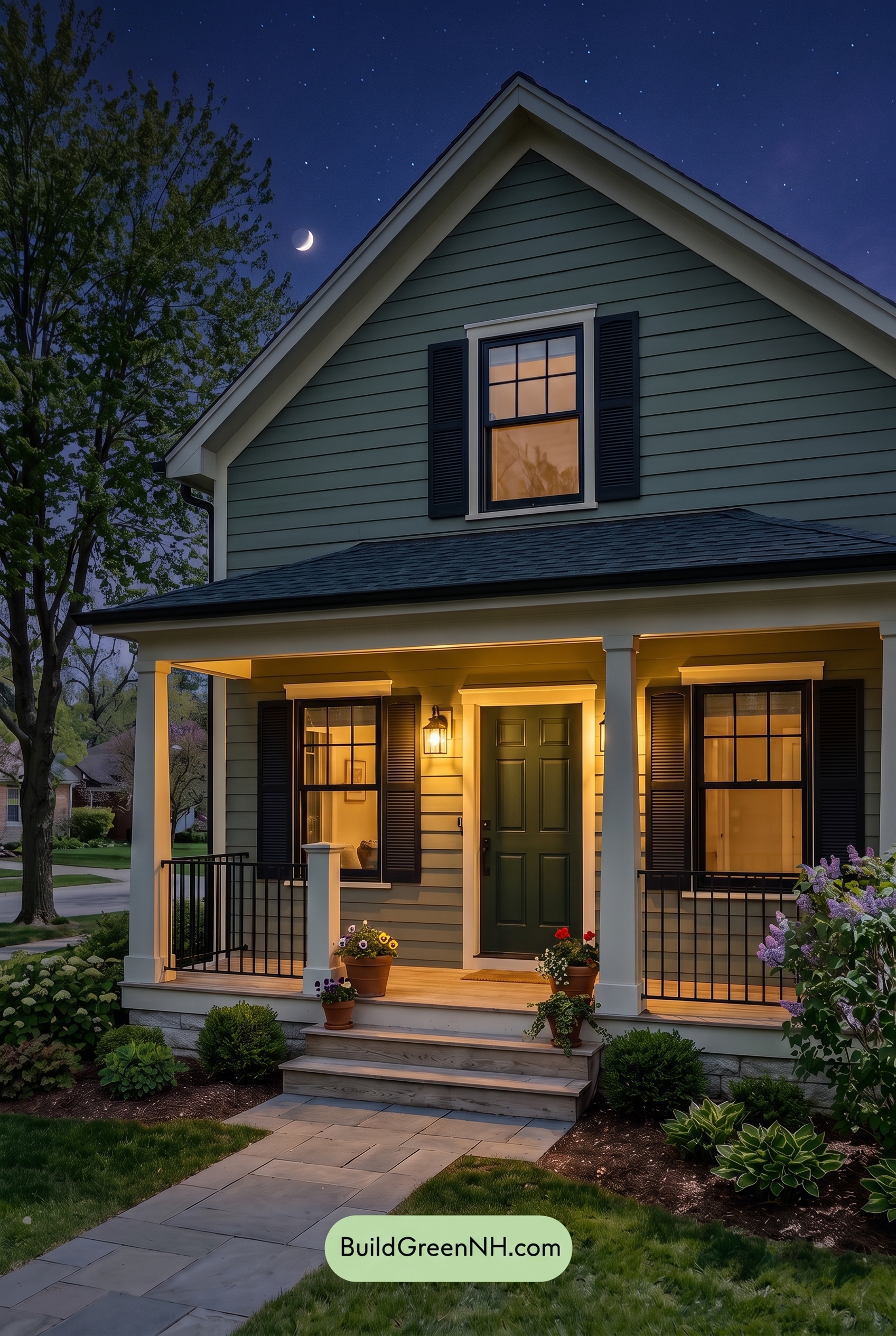 Green Farmhouse Exterior Color Scheme: Moss Charcoal Veranda - Nighttime
