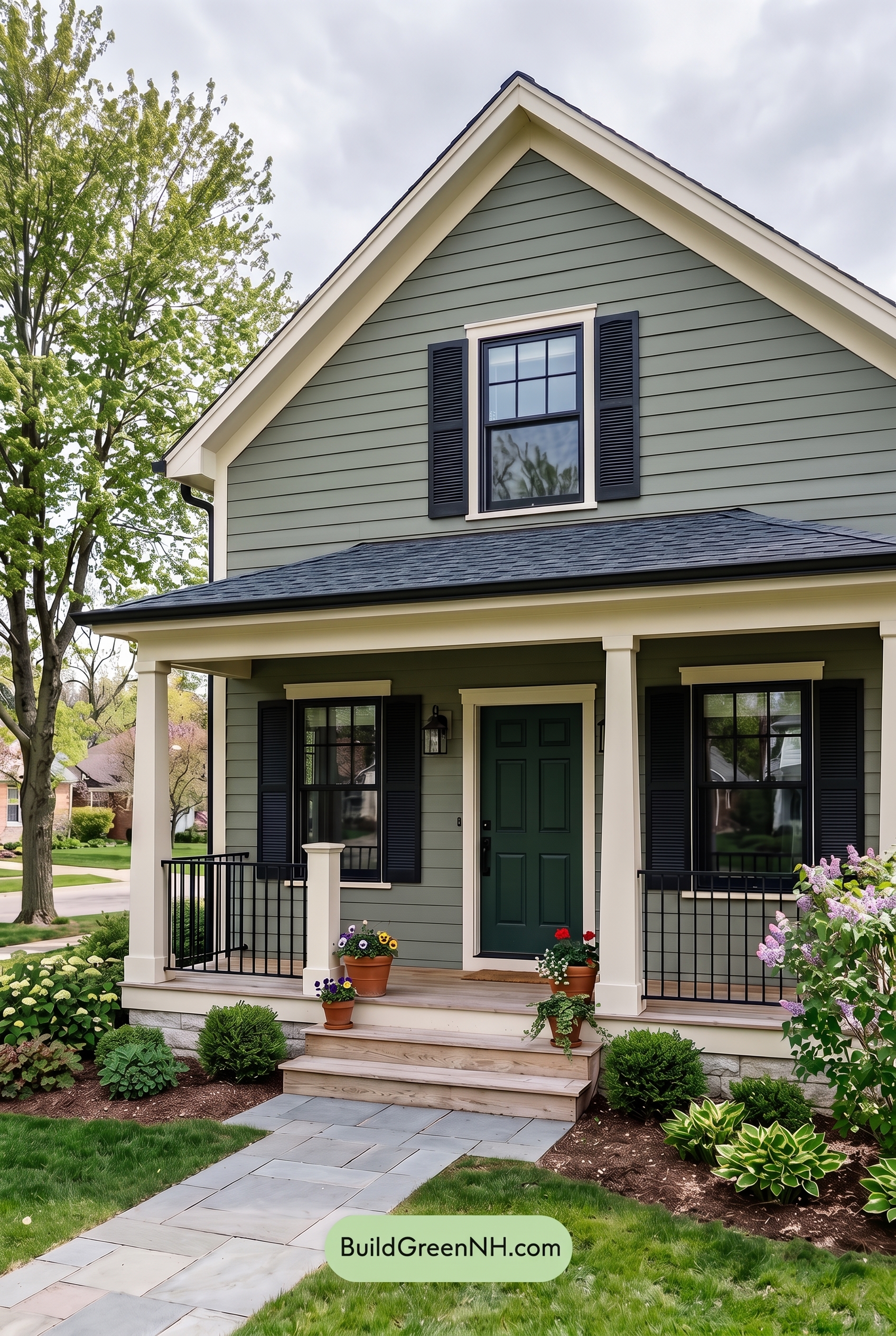 Green Farmhouse Exterior Color Scheme: Moss Charcoal Veranda - Overcast