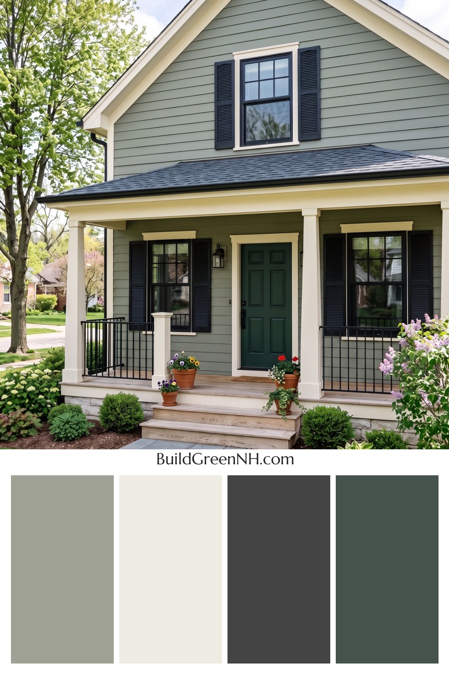 Green Farmhouse Exterior Color Scheme: Moss Charcoal Veranda