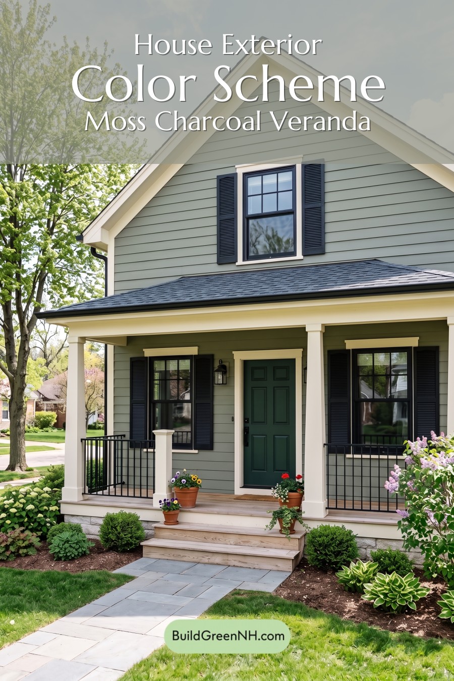 Green Farmhouse Exterior Color Scheme: Moss Charcoal Veranda