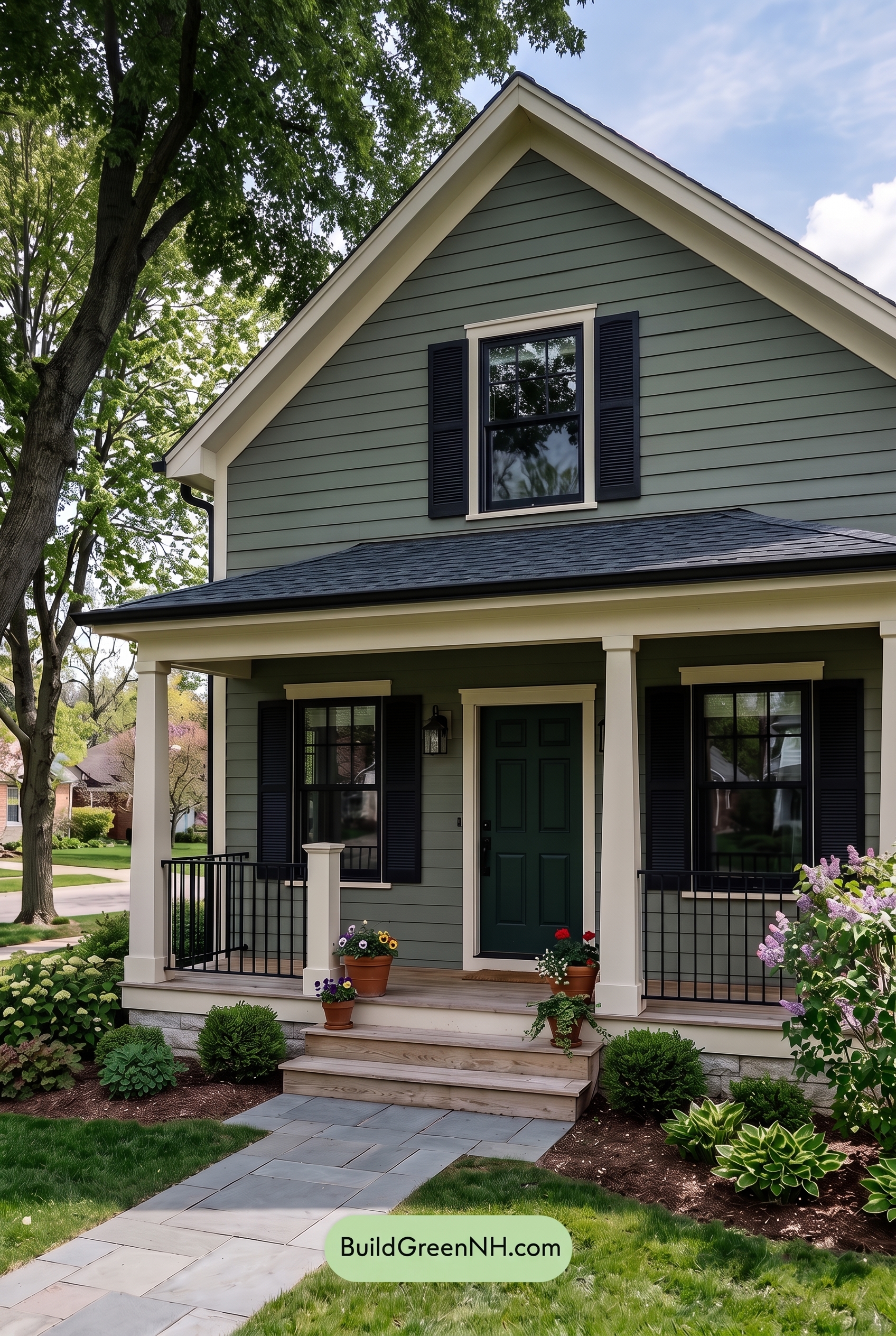 Green Farmhouse Exterior Color Scheme: Moss Charcoal Veranda - Shade
