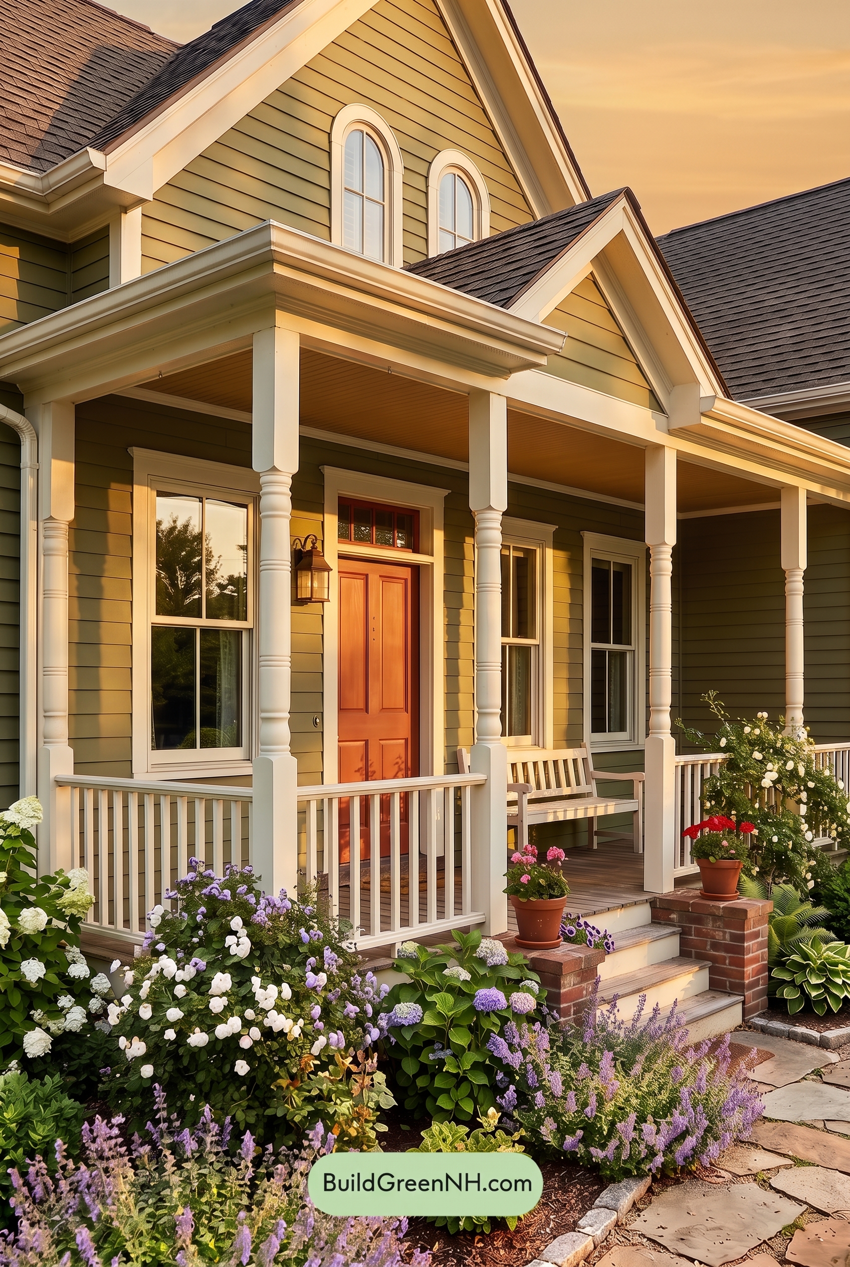 Green Farmhouse Exterior Color Scheme: Olive White Porch - Golden Hour