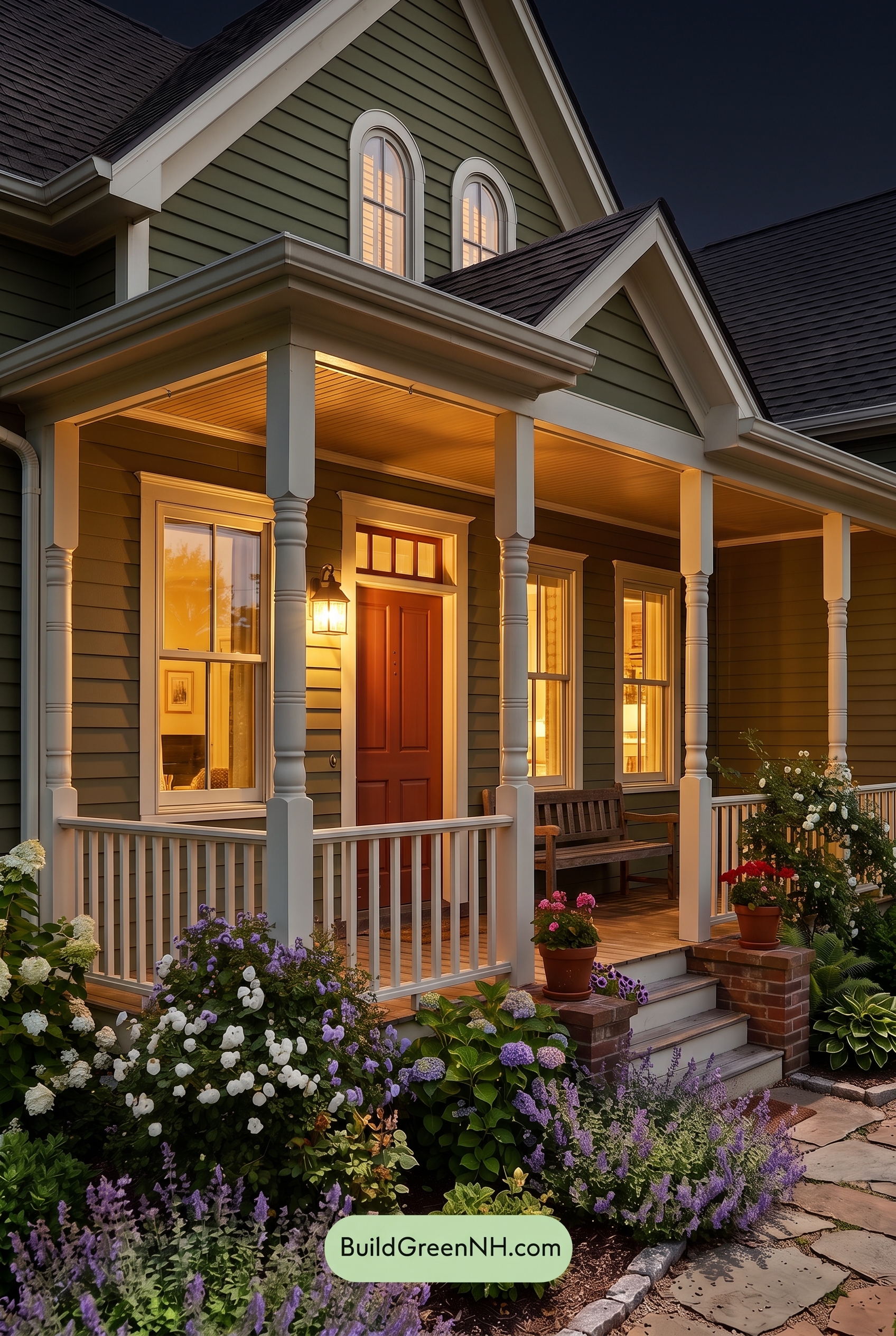 Green Farmhouse Exterior Color Scheme: Olive White Porch - Nighttime