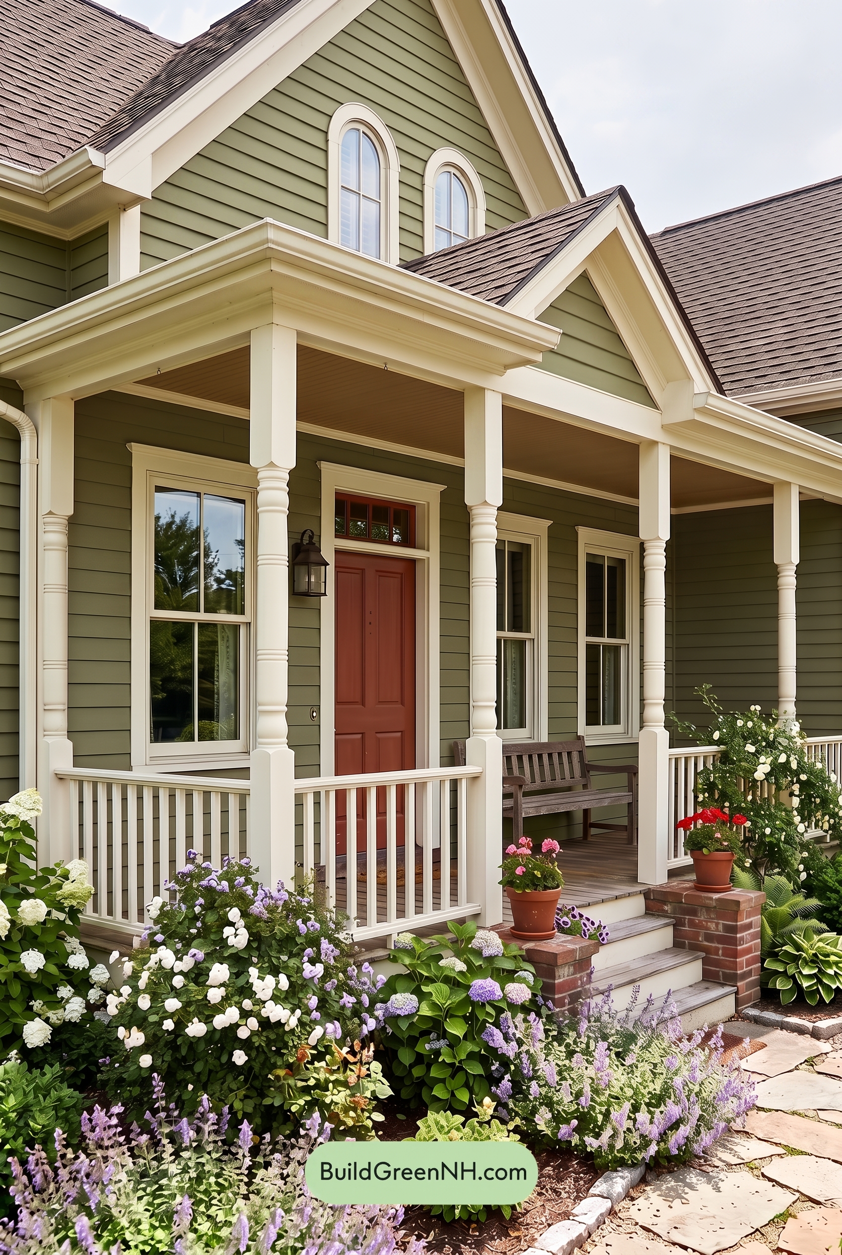 Green Farmhouse Exterior Color Scheme: Olive White Porch - Overcast