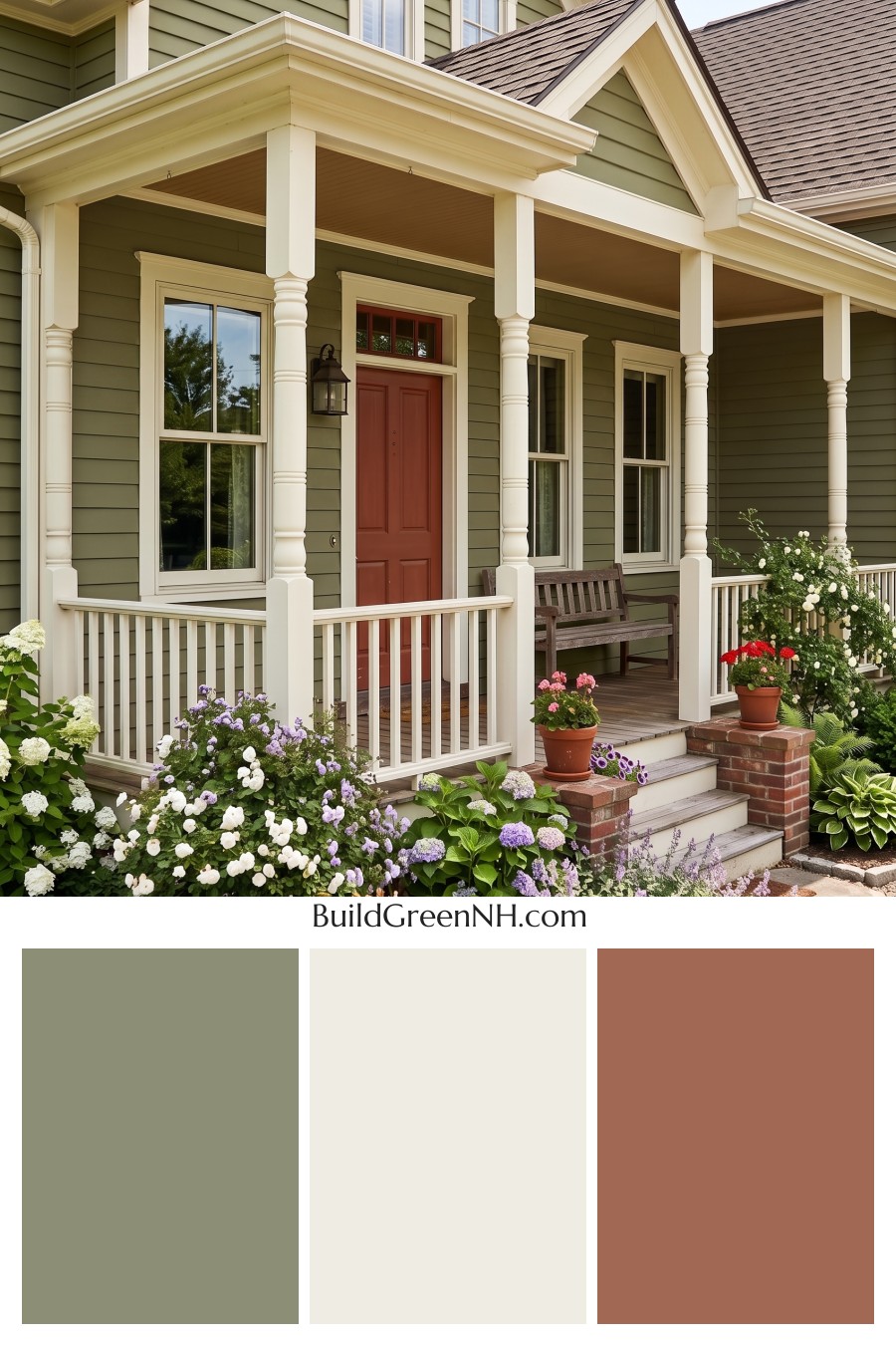 Green Farmhouse Exterior Color Scheme: Olive White Porch