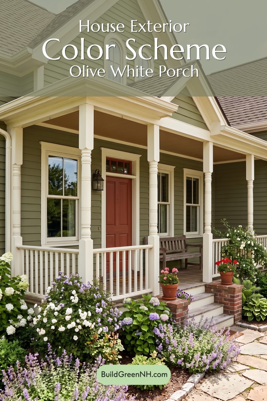 Green Farmhouse Exterior Color Scheme: Olive White Porch