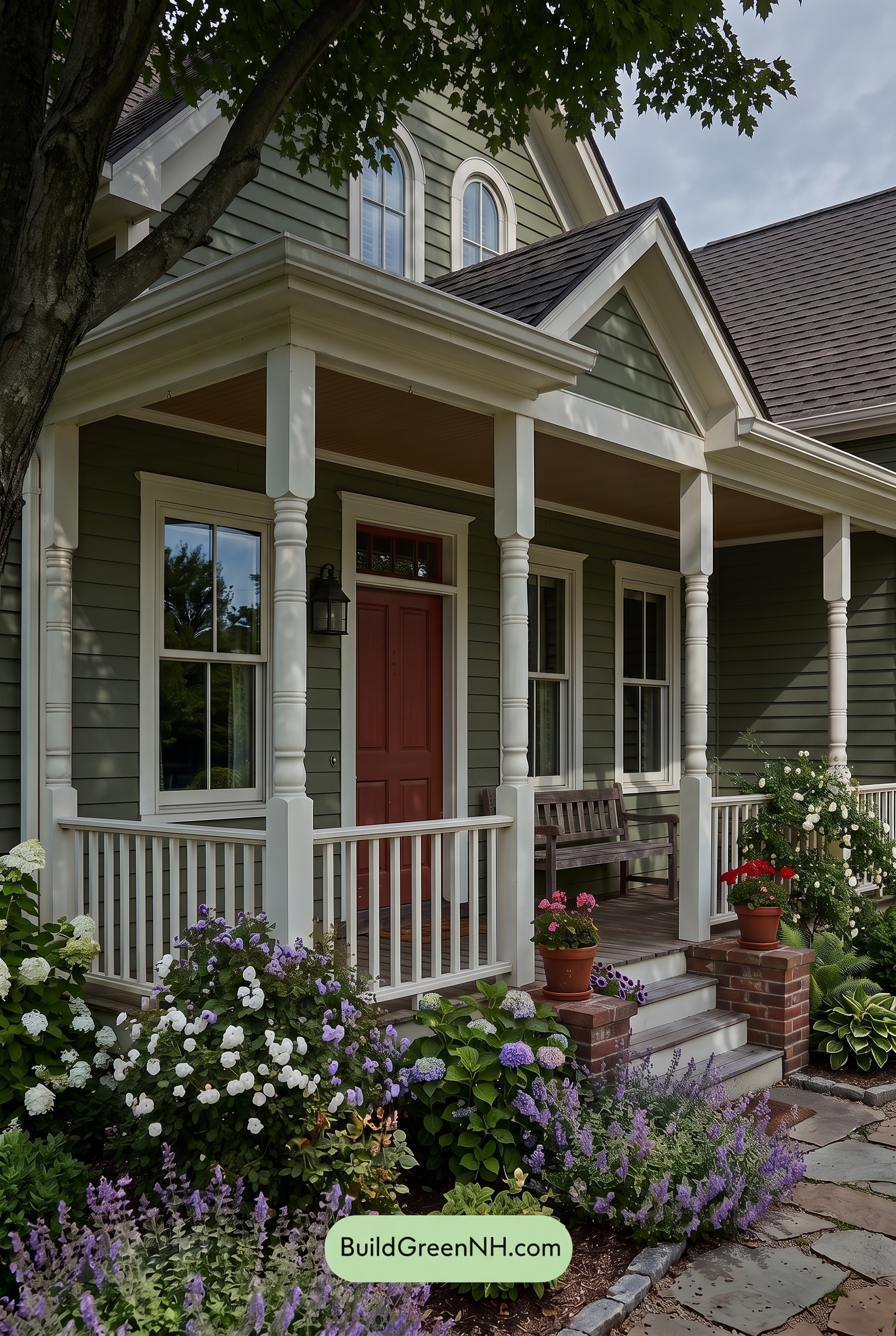 Green Farmhouse Exterior Color Scheme: Olive White Porch - Shade