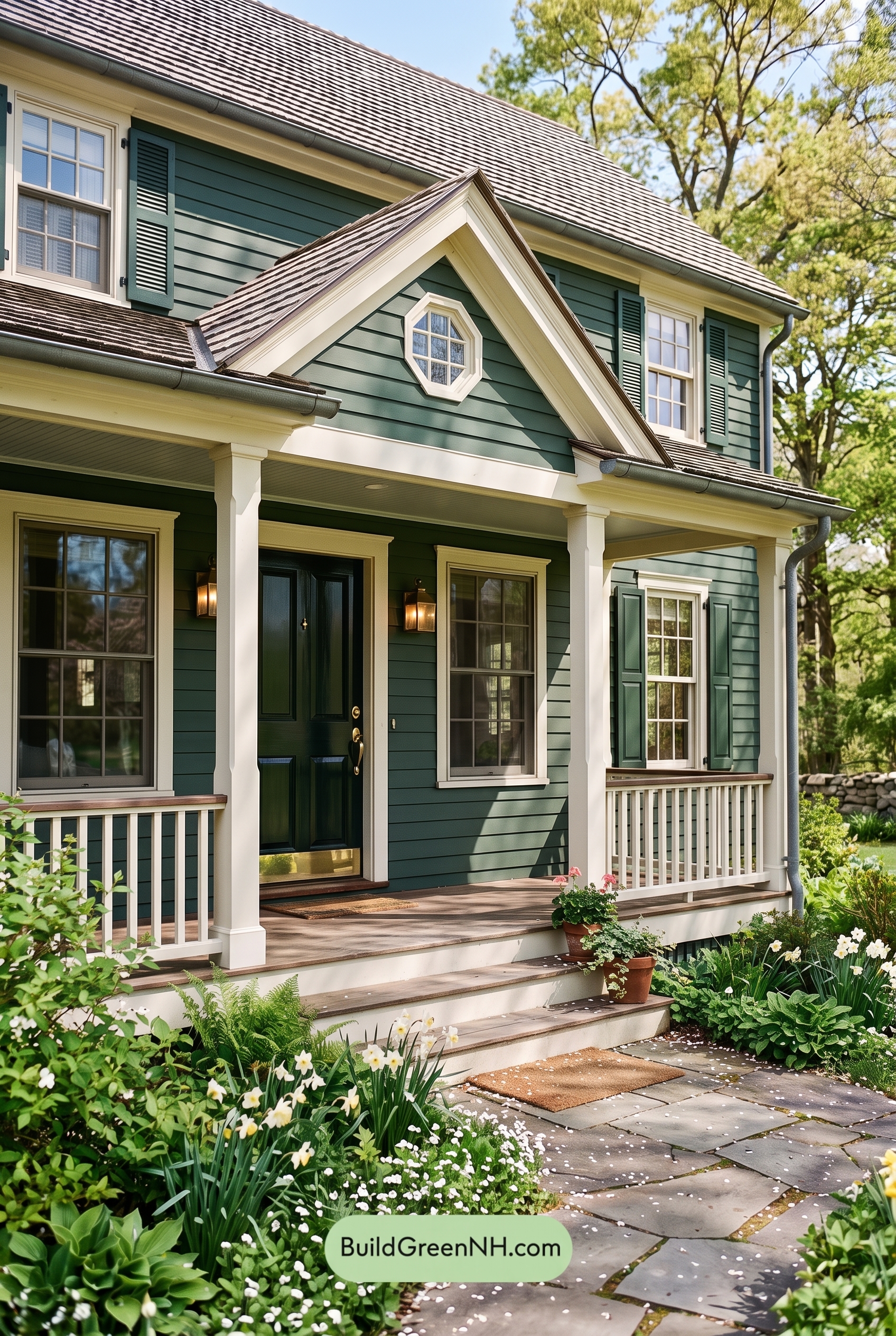 Green Farmhouse Exterior Color Scheme: Pine White Gleam