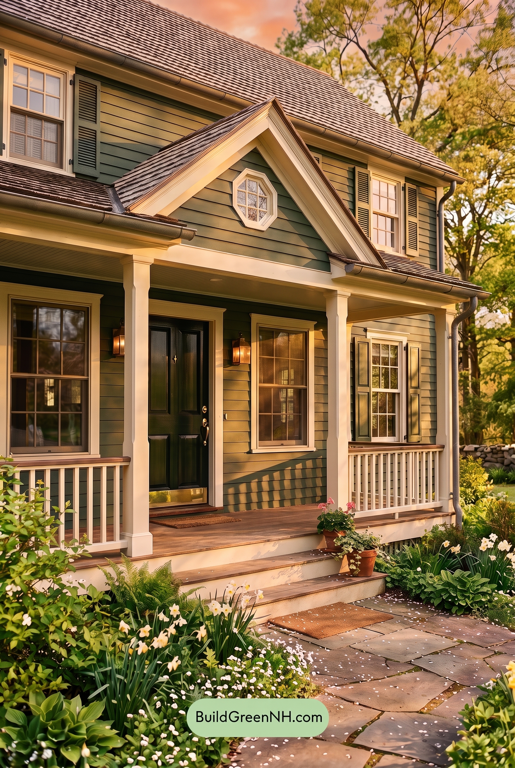 Green Farmhouse Exterior Color Scheme: Pine White Gleam - Golden Hour