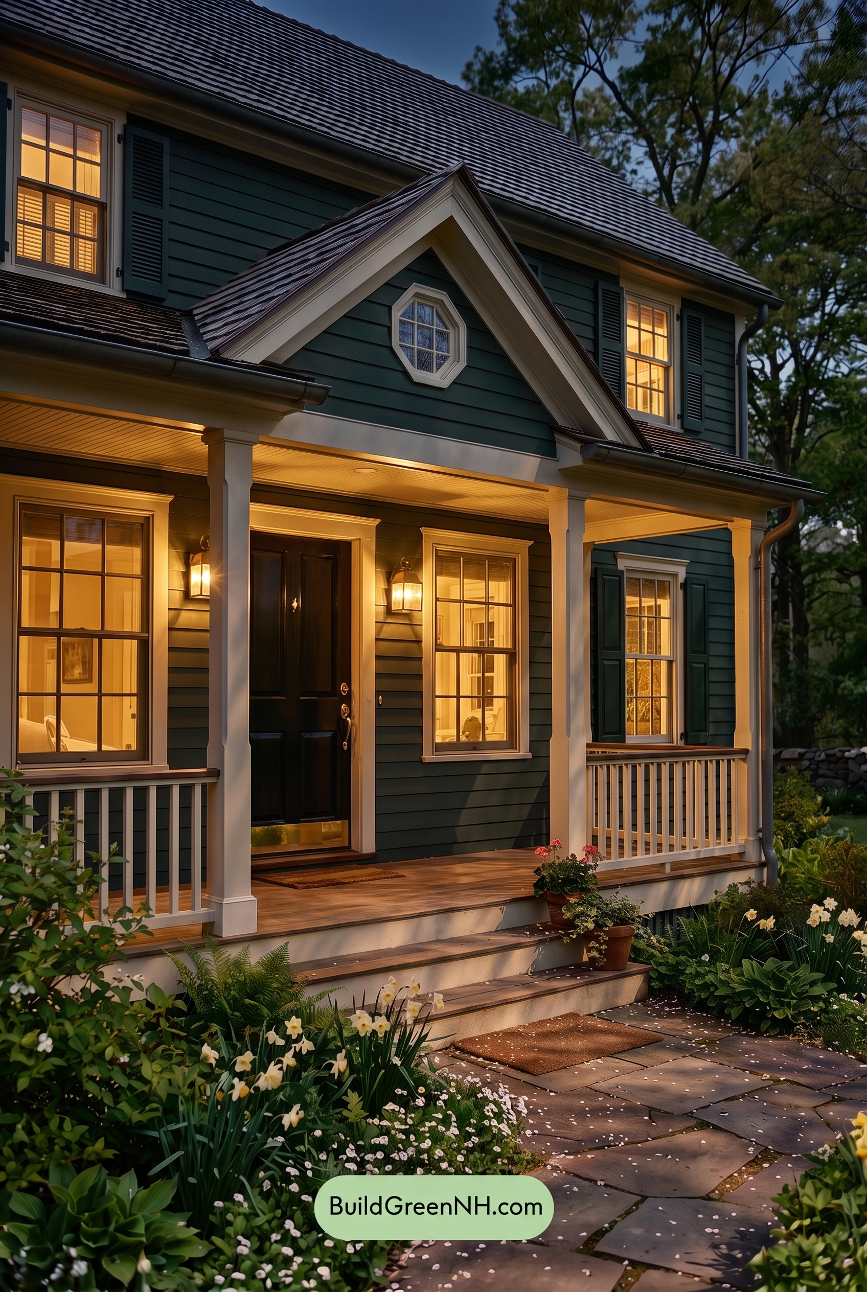 Green Farmhouse Exterior Color Scheme: Pine White Gleam - Nighttime