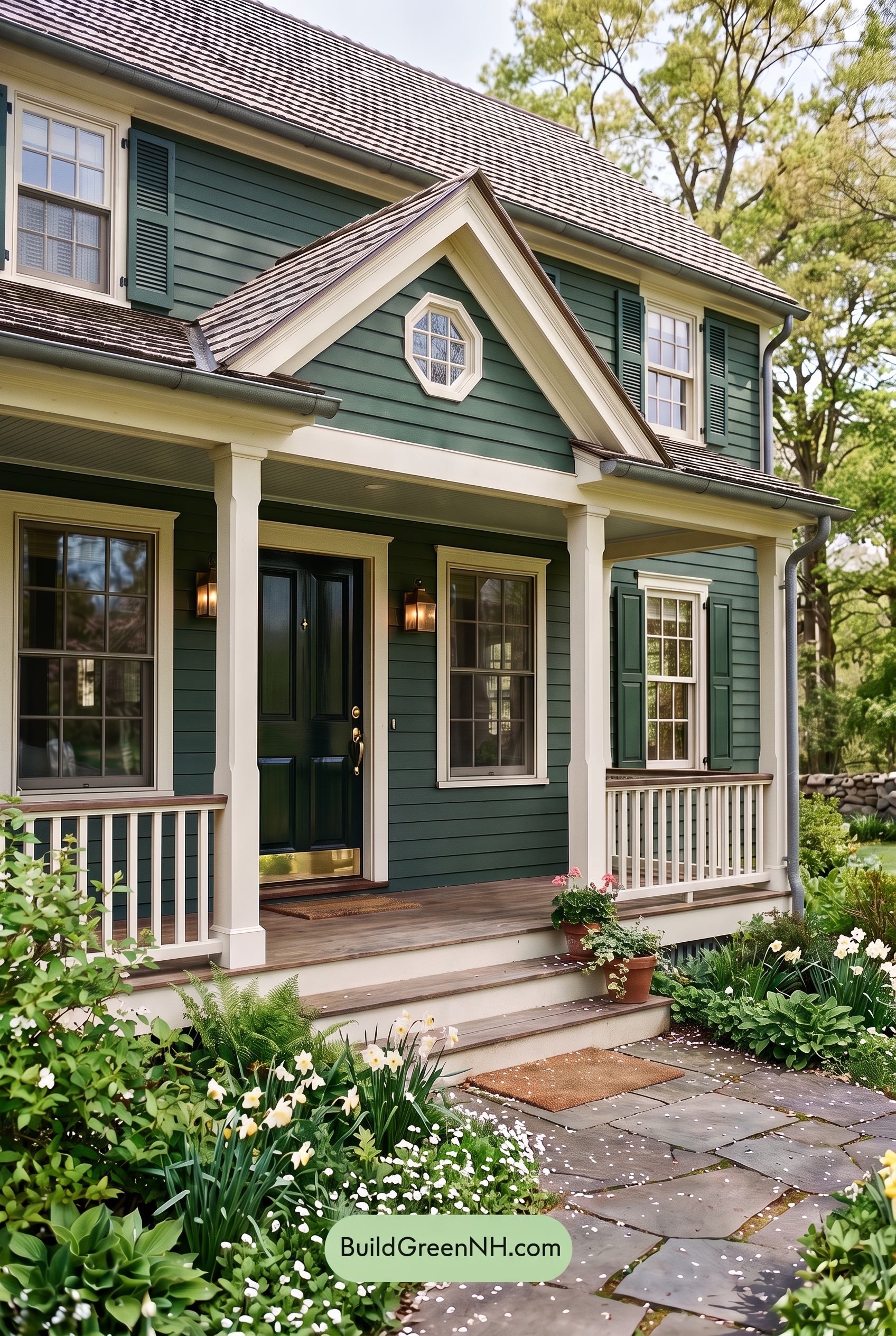 Green Farmhouse Exterior Color Scheme: Pine White Gleam - Overcast