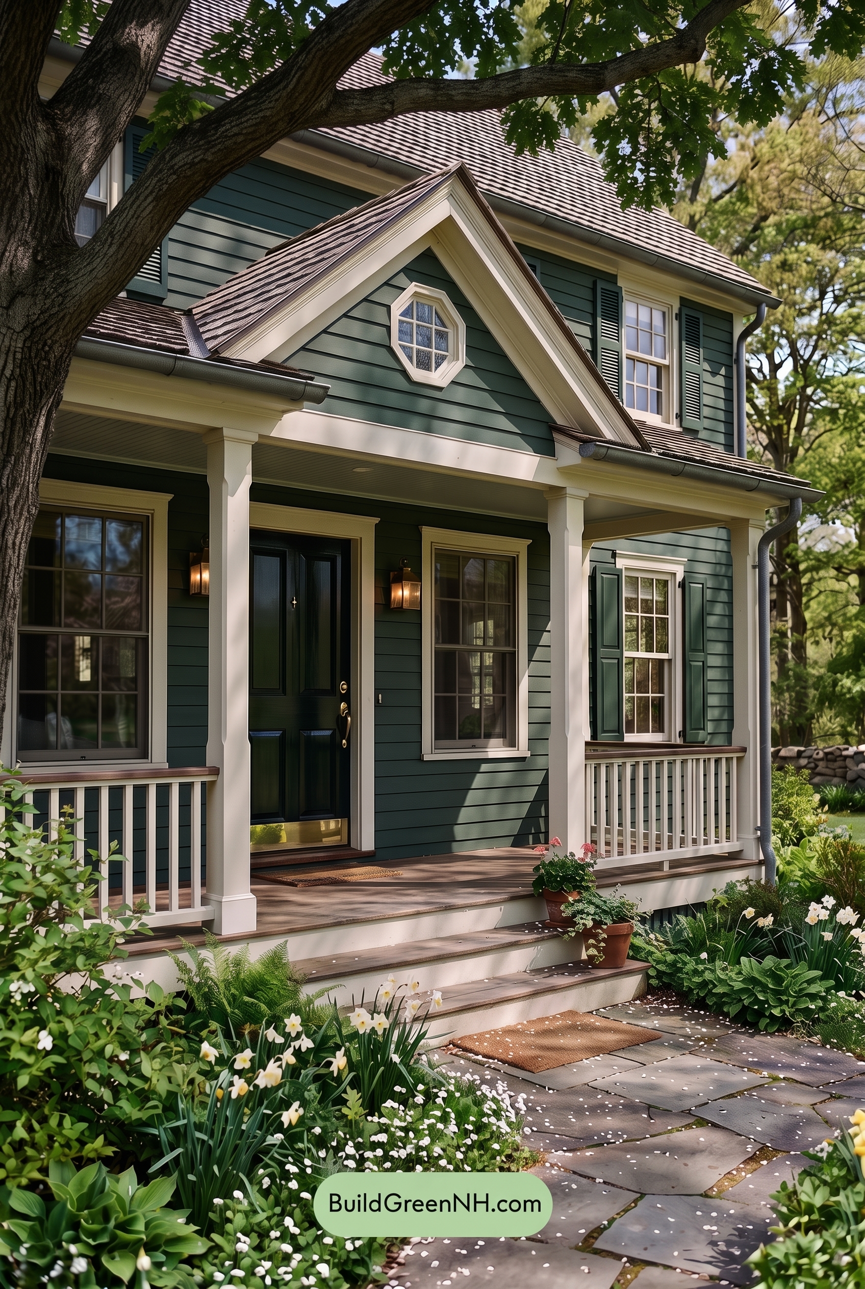Green Farmhouse Exterior Color Scheme: Pine White Gleam - Shade