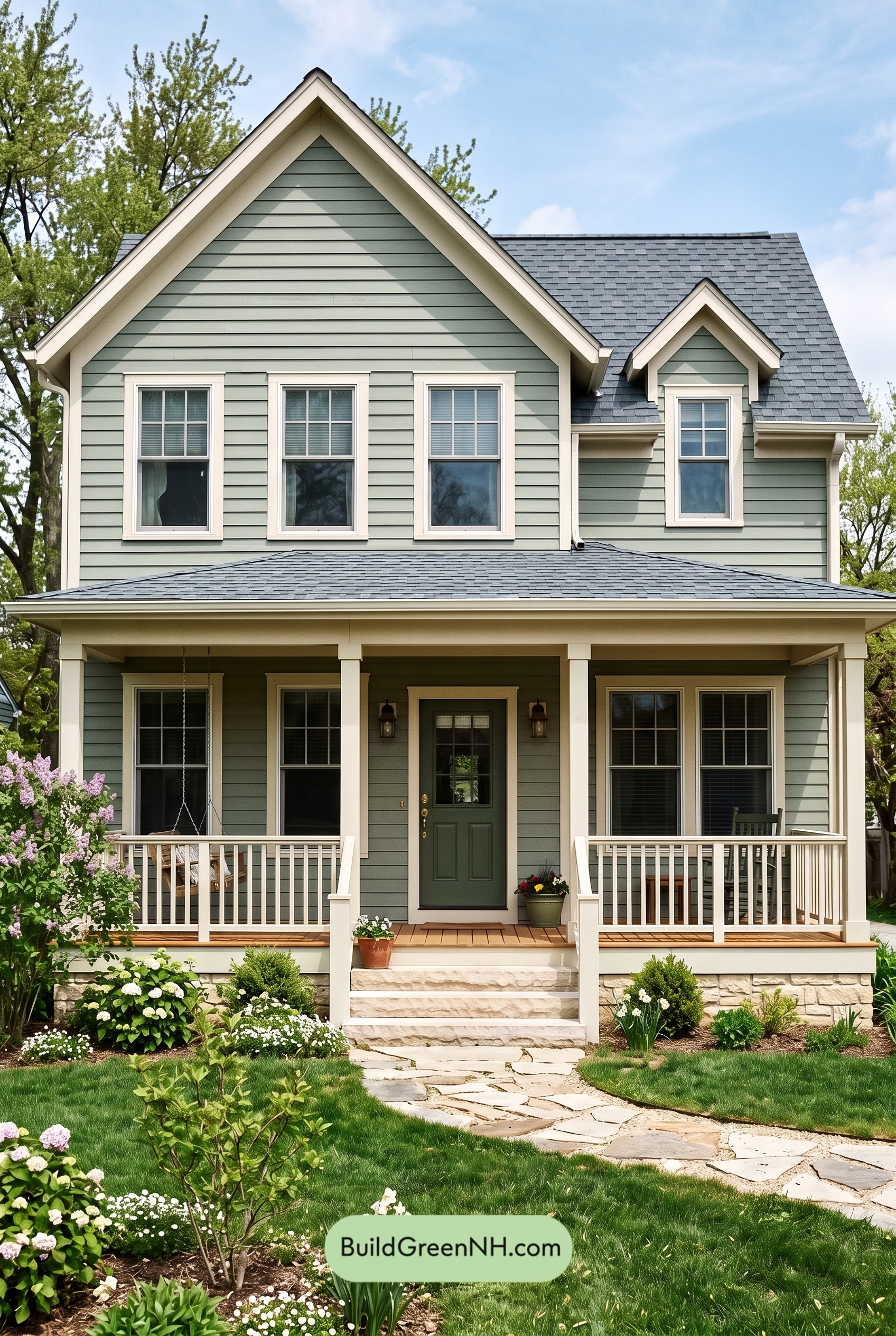 Green Farmhouse Exterior Color Scheme: Sage White Quiet