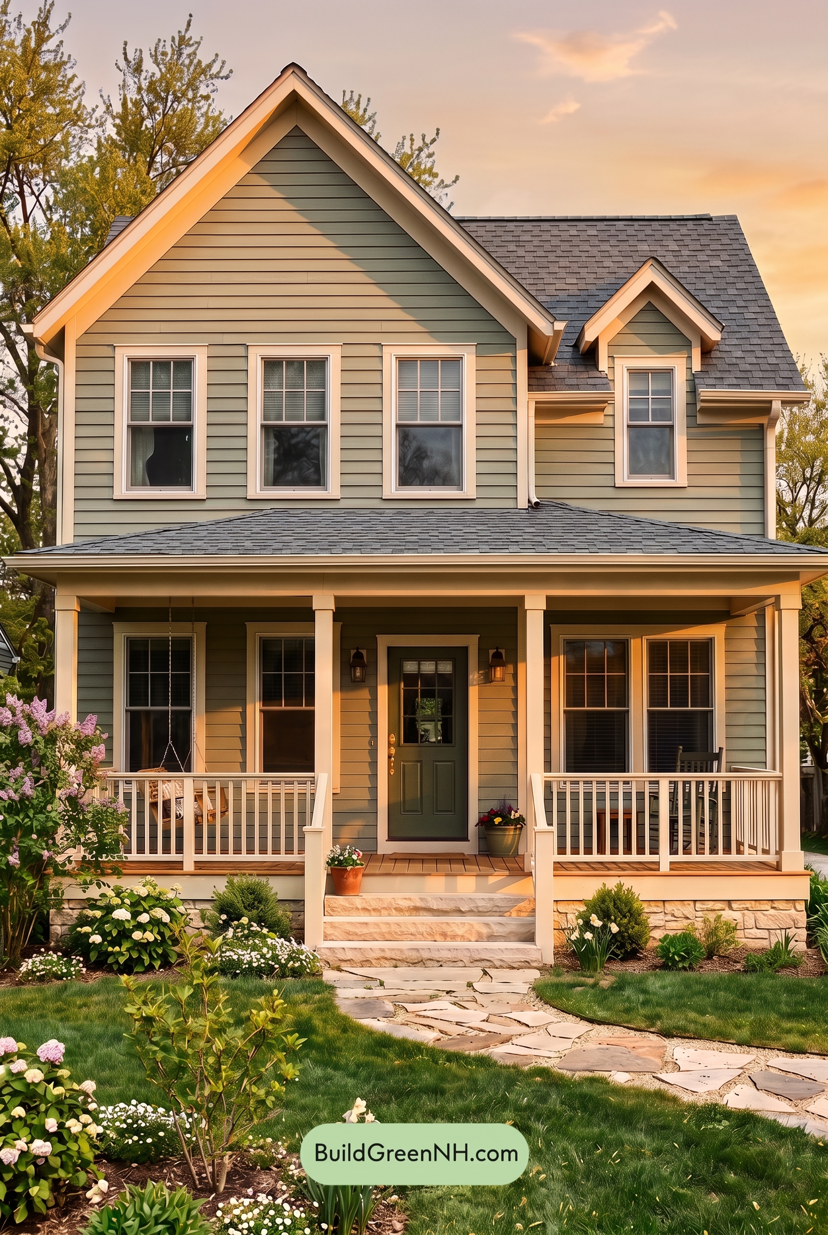 Green Farmhouse Exterior Color Scheme: Sage White Quiet - Golden Hour
