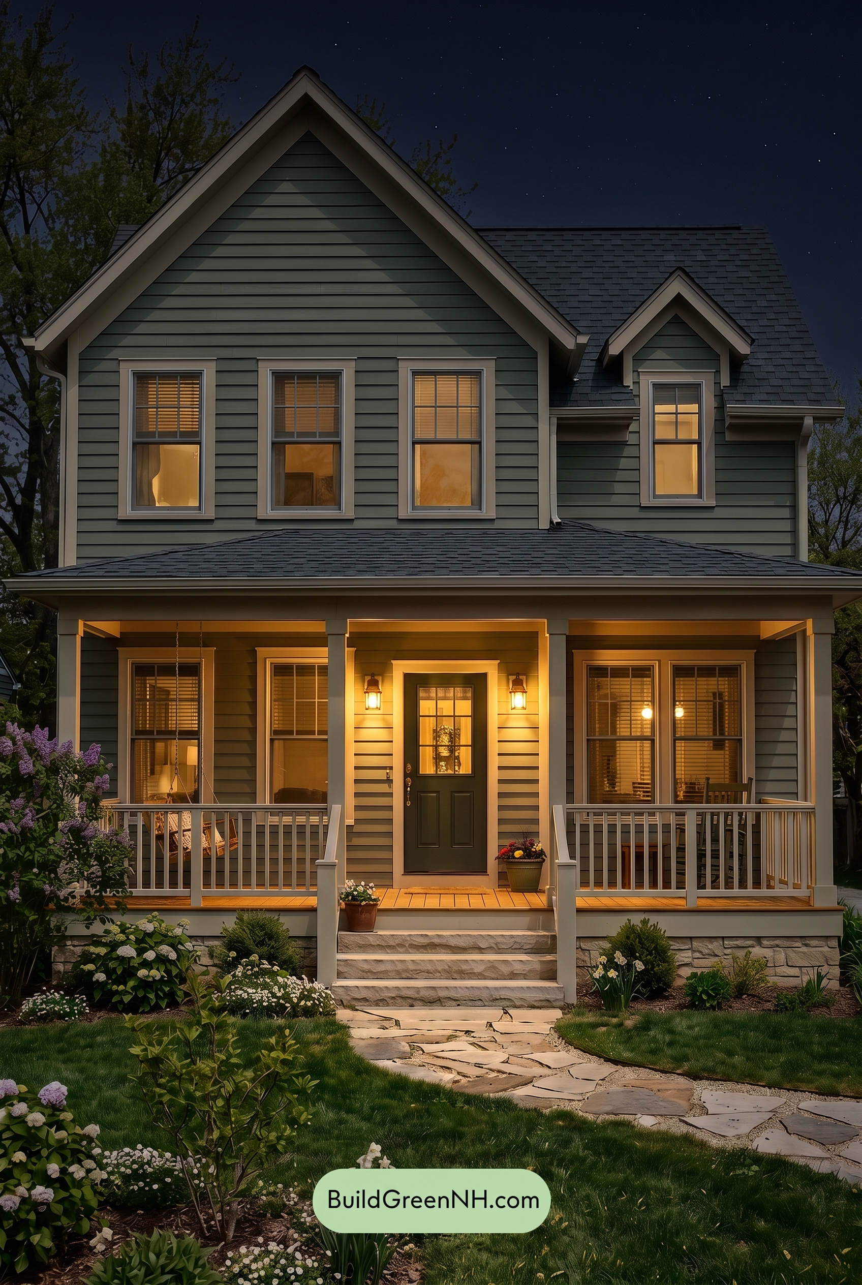 Green Farmhouse Exterior Color Scheme: Sage White Quiet - Nighttime