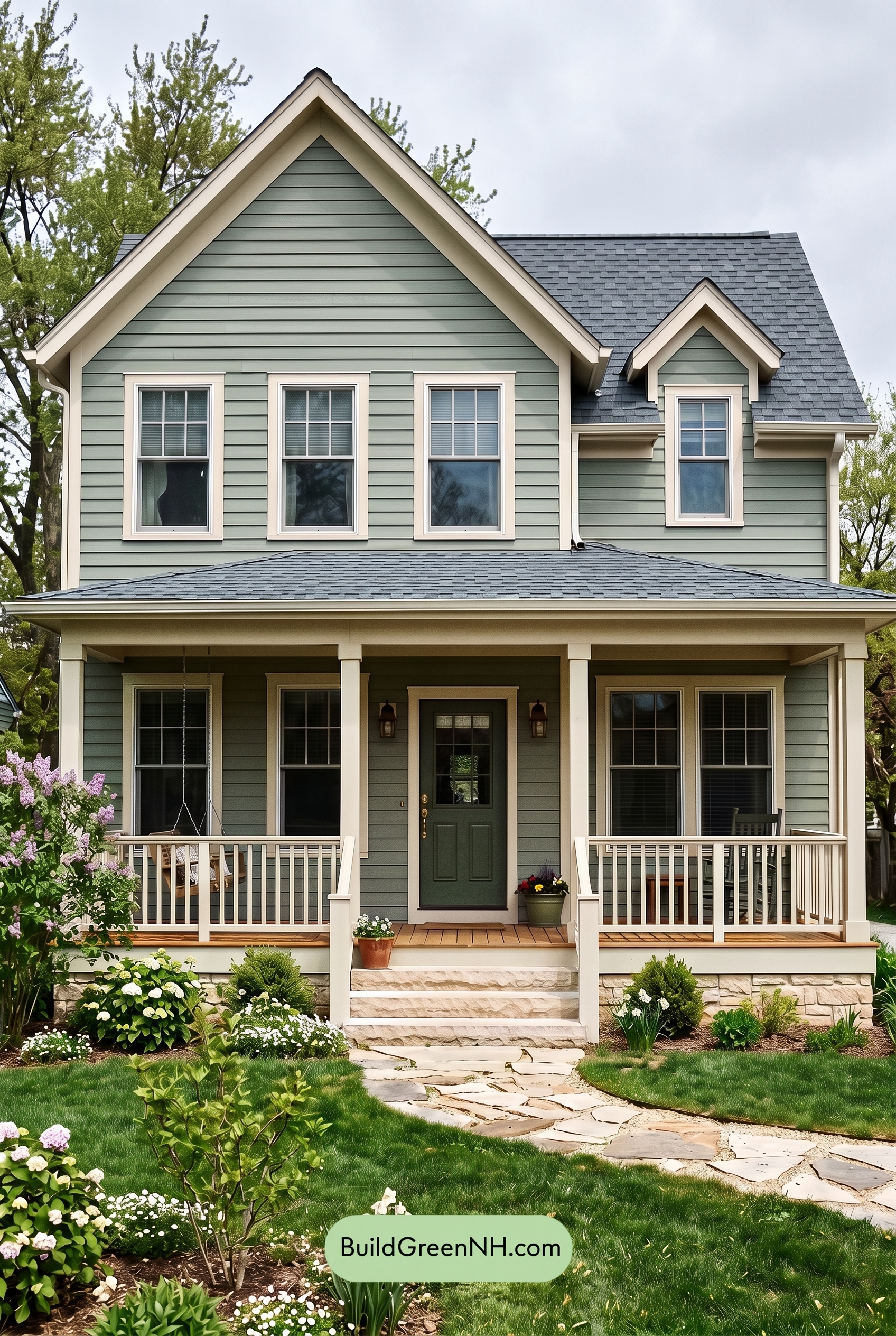 Green Farmhouse Exterior Color Scheme: Sage White Quiet - Overcast