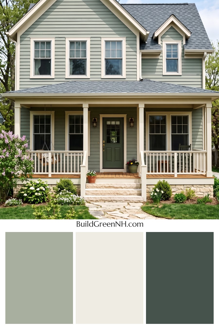 Green Farmhouse Exterior Color Scheme: Sage White Quiet