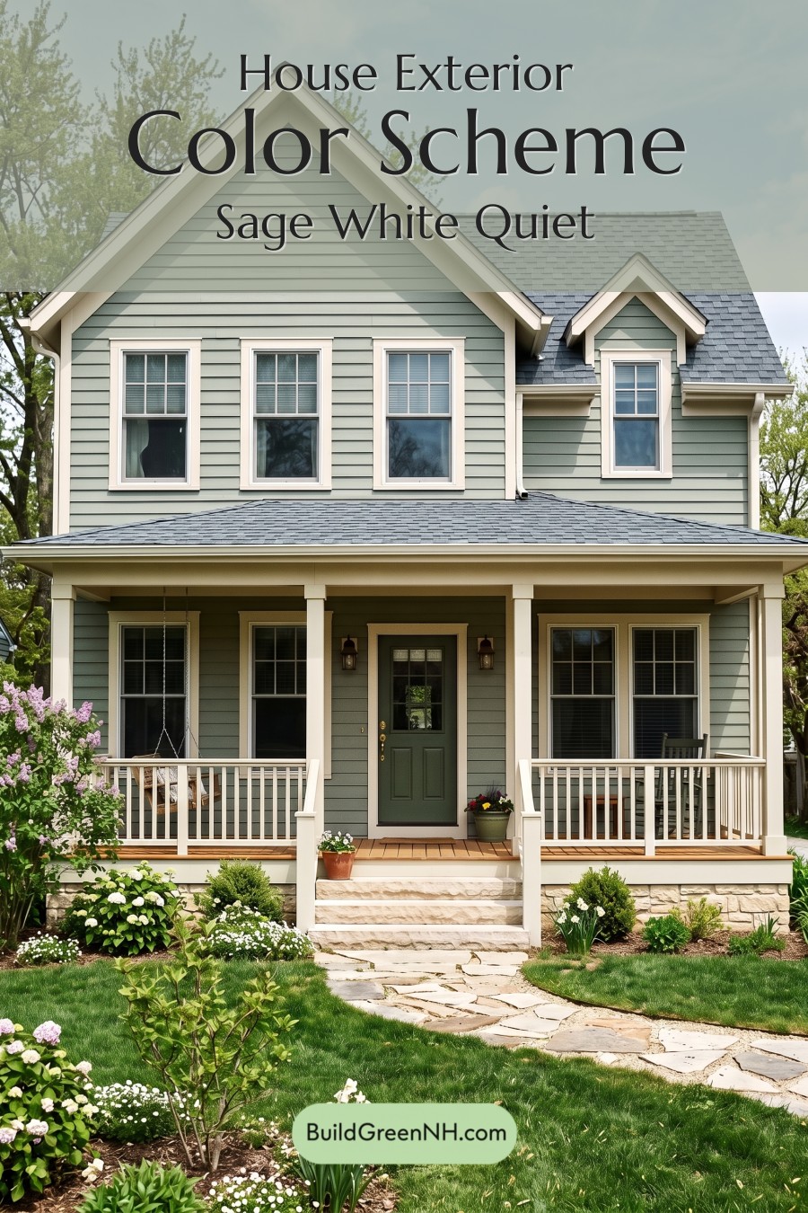 Green Farmhouse Exterior Color Scheme: Sage White Quiet