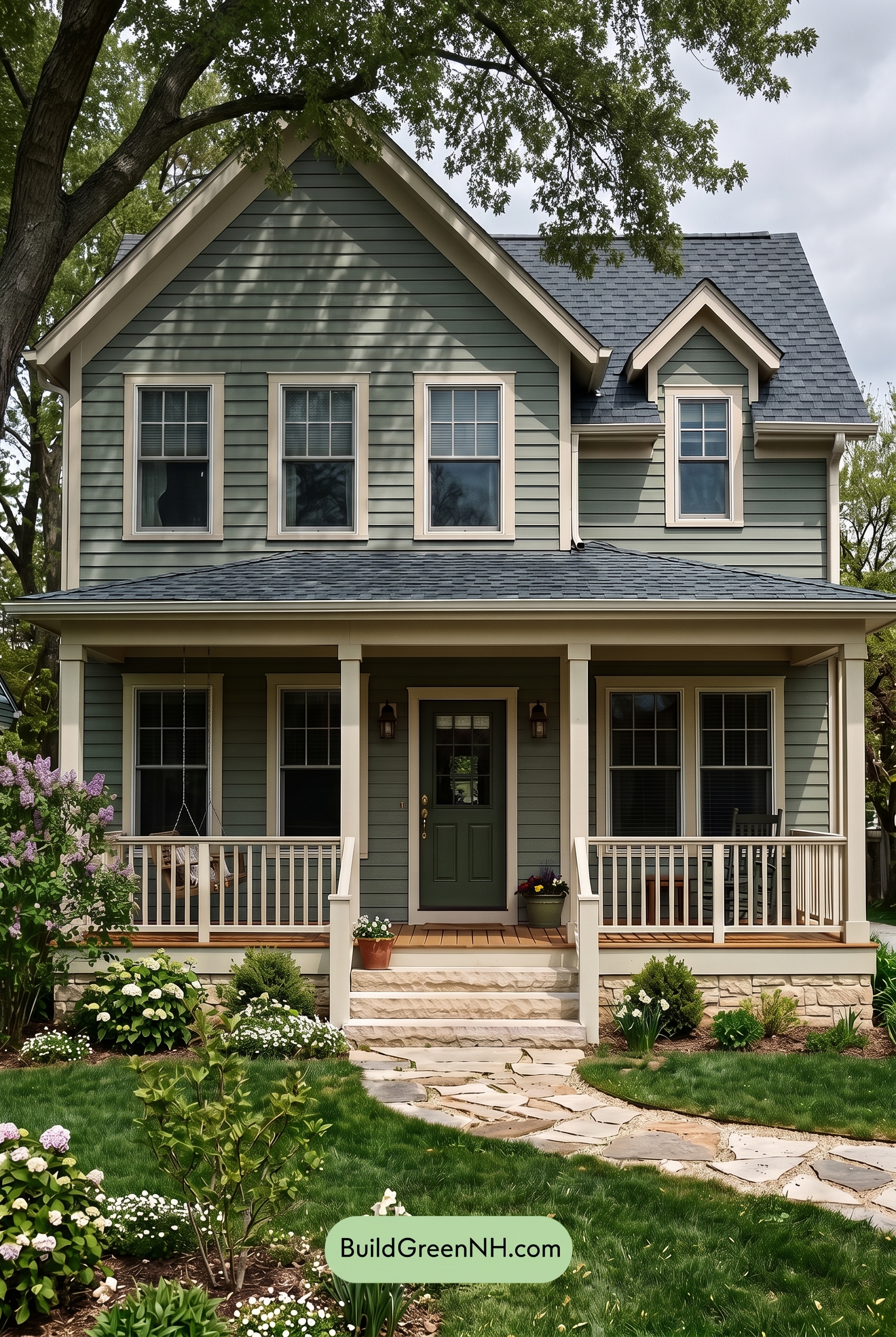 Green Farmhouse Exterior Color Scheme: Sage White Quiet - Shade