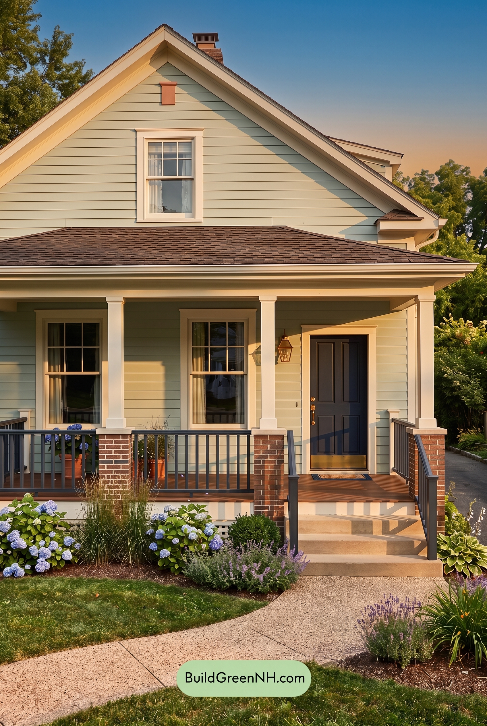 Green Farmhouse Exterior Color Scheme: Seafoam Linen Porch - Golden Hour