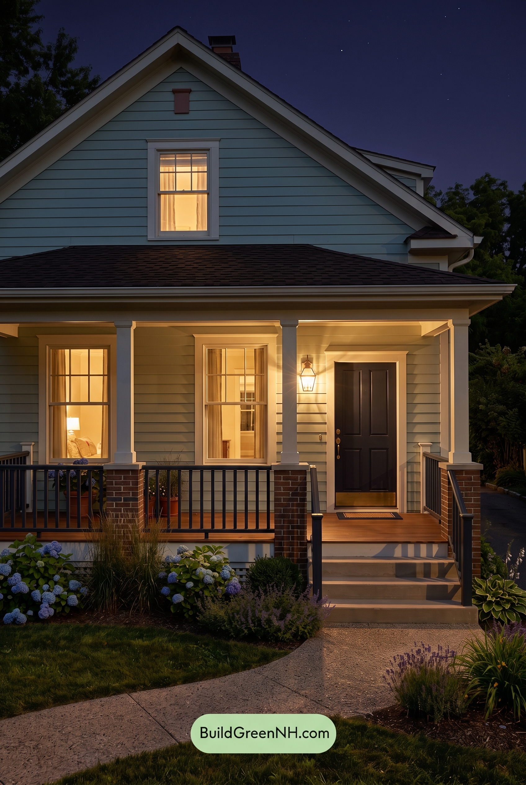 Green Farmhouse Exterior Color Scheme: Seafoam Linen Porch - Nighttime
