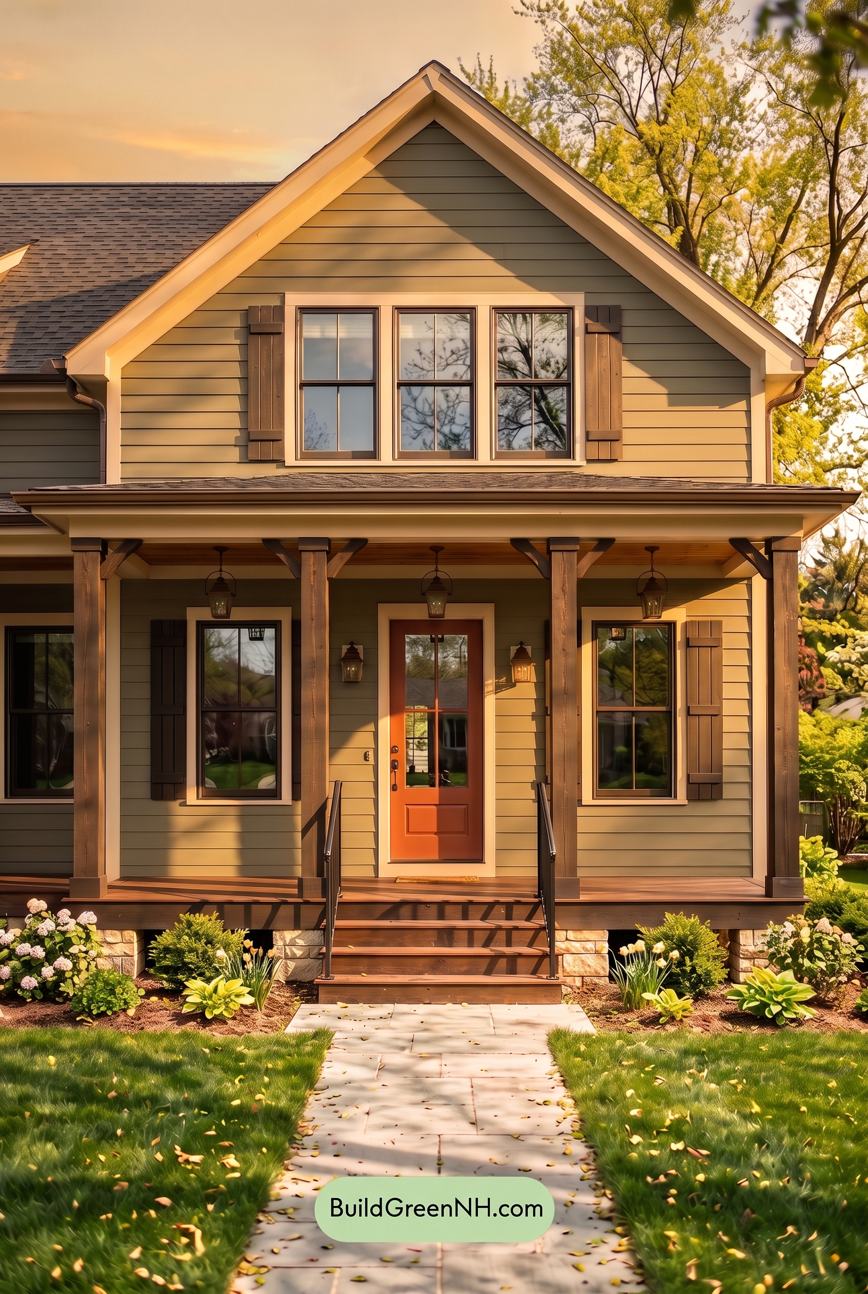 Green Farmhouse Exterior Color Scheme: Smoked Olive Ember - Golden Hour