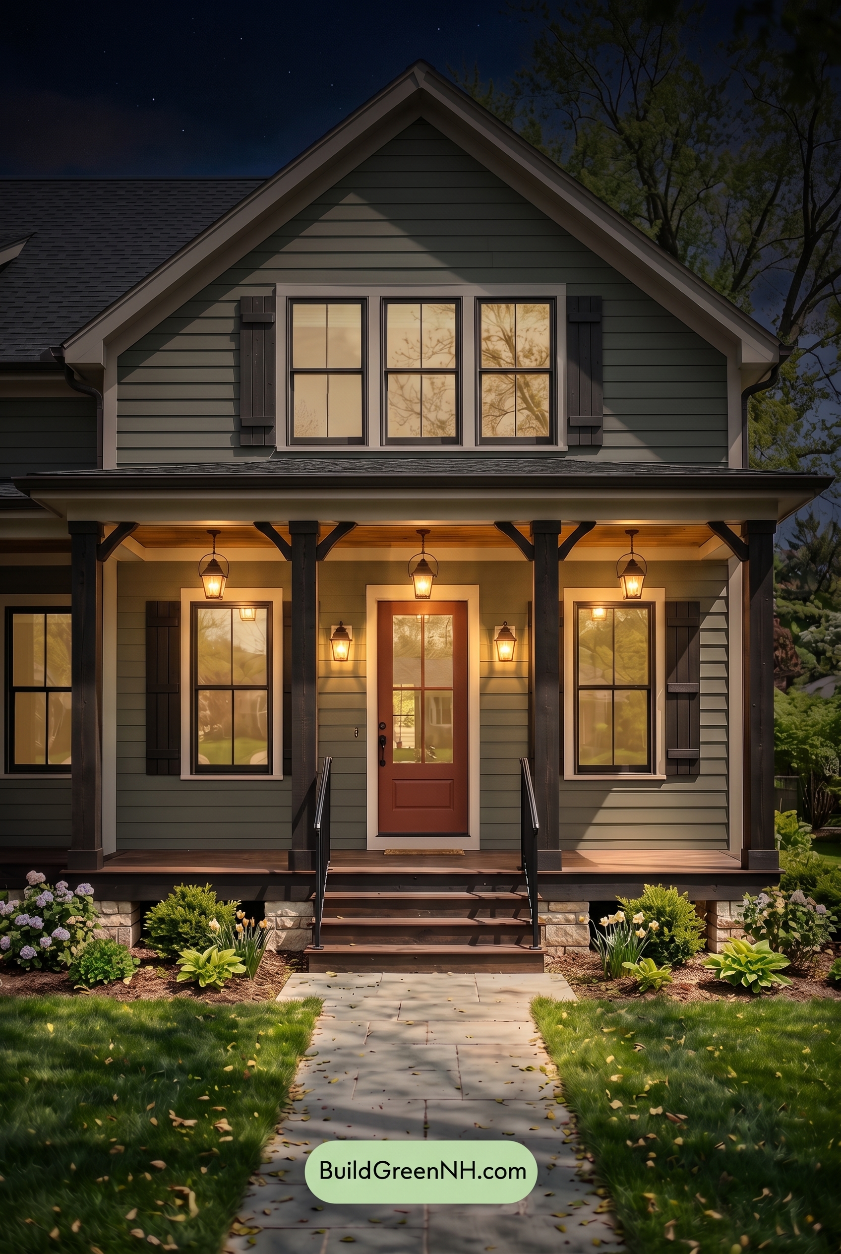 Green Farmhouse Exterior Color Scheme: Smoked Olive Ember - Nighttime
