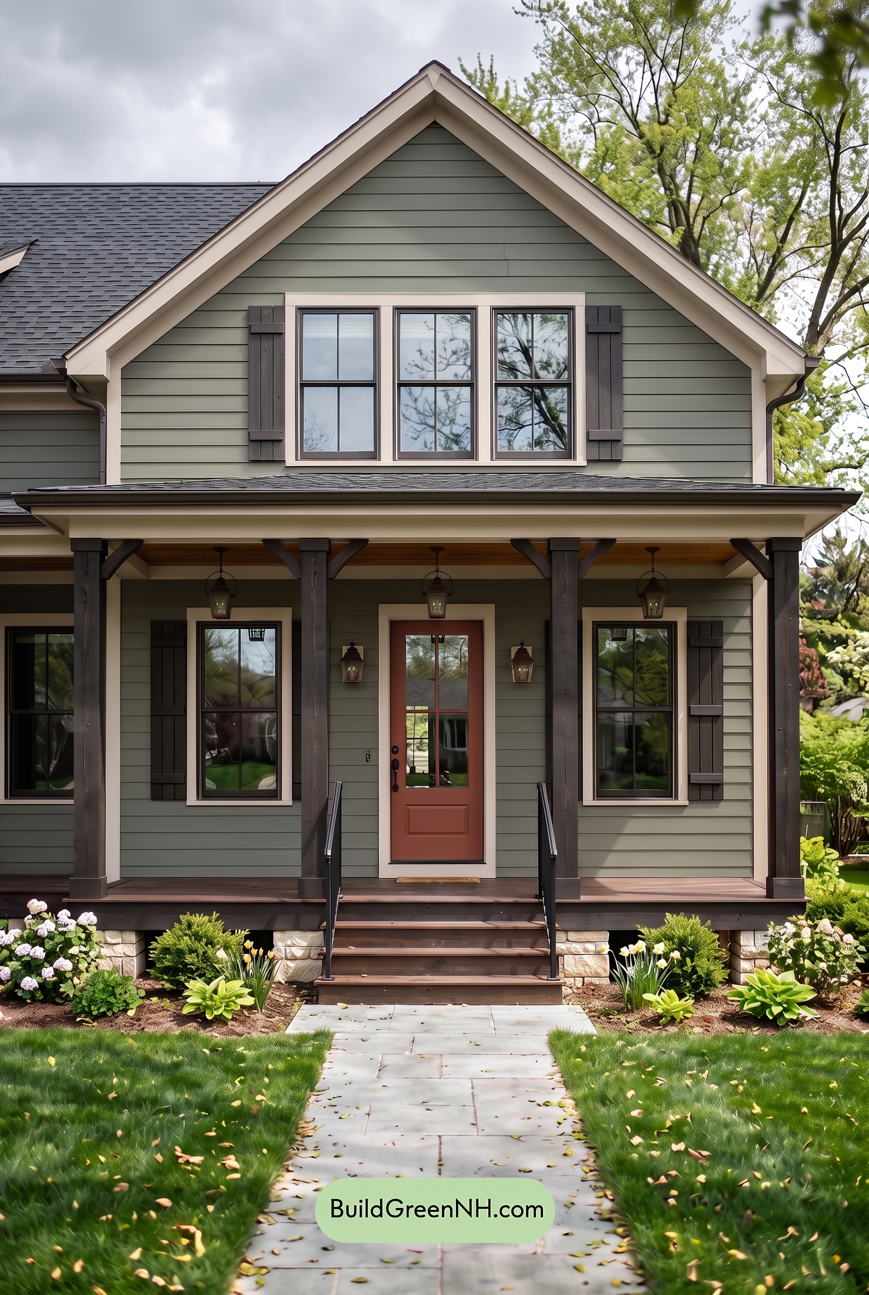 Green Farmhouse Exterior Color Scheme: Smoked Olive Ember - Overcast