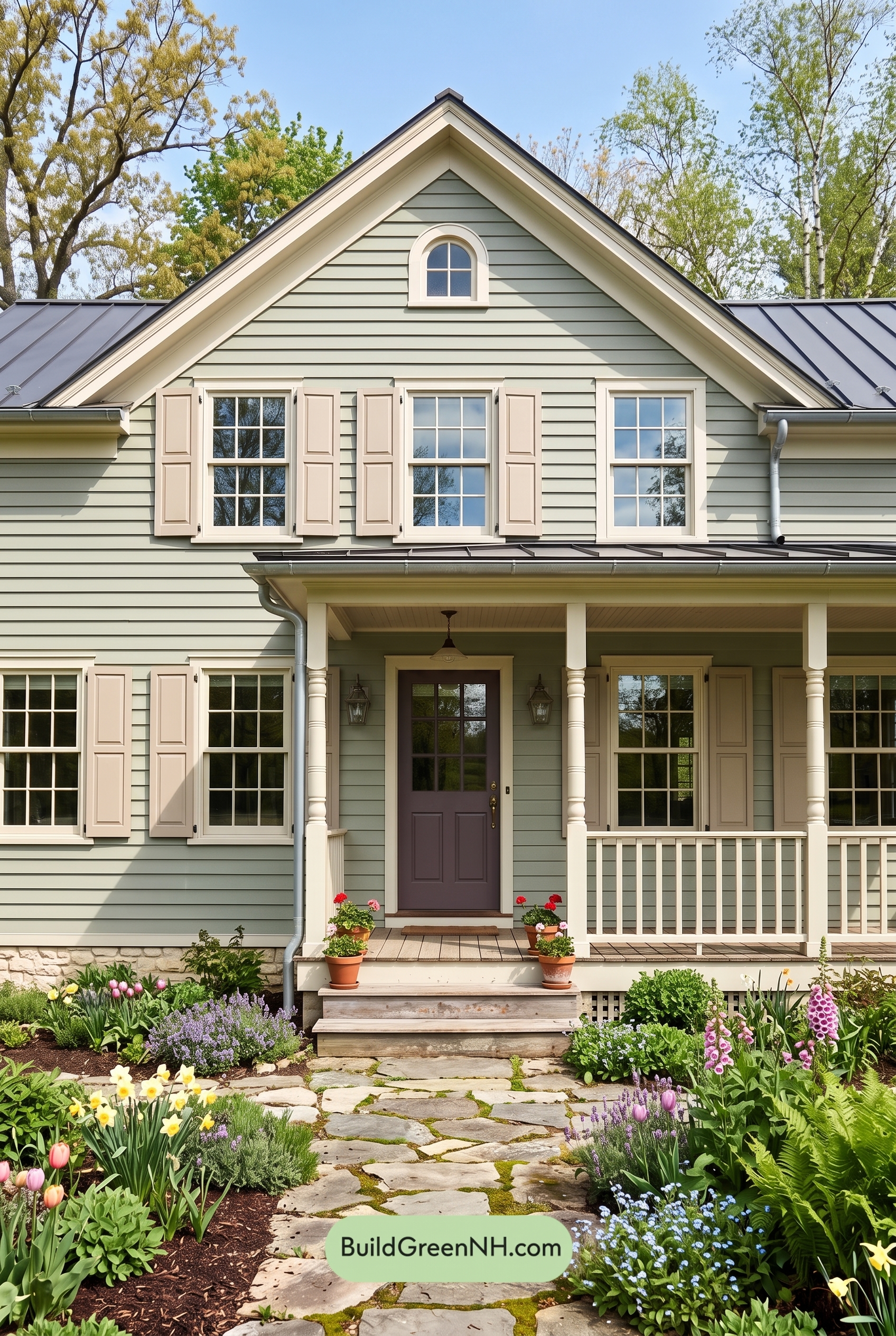 Green Farmhouse Exterior Color Scheme: Willow Cream Glow